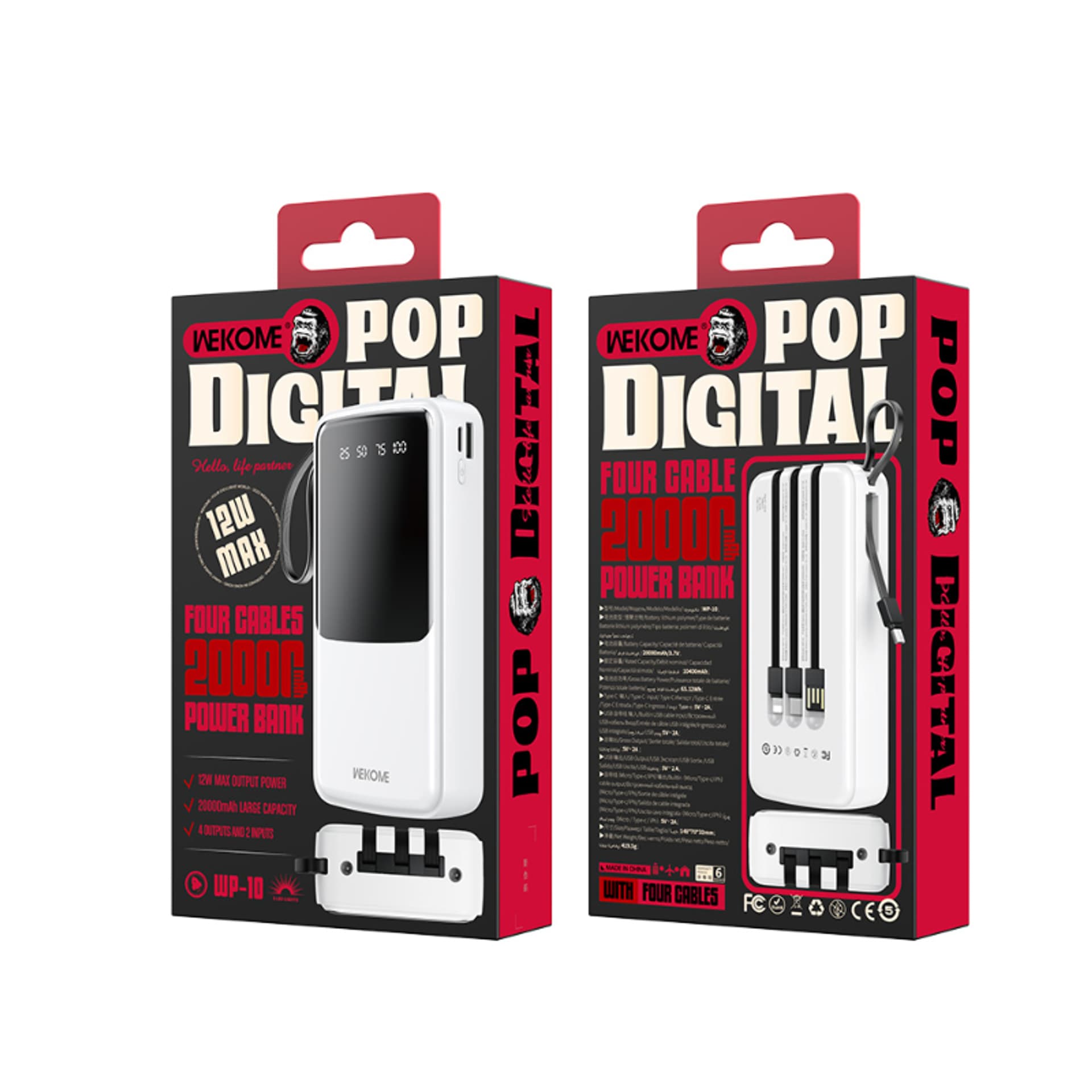 

WEKOME WP-10 Pop Digital Series - Power bank 20000 mAh z wbudowanym kablem USB-C / Lightning / Micro USB + USB-A (Biały)