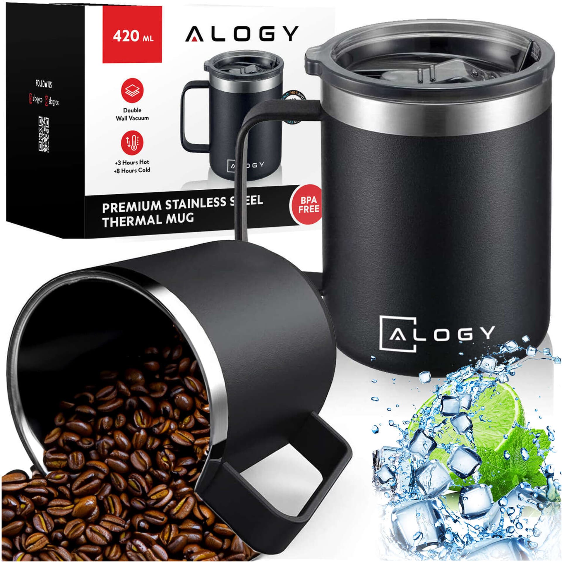 

Kubek termiczny 420ml z uchwytem pokrywką na kawę herbatę stalowy zimne i ciepłe napoje Alogy Czarny