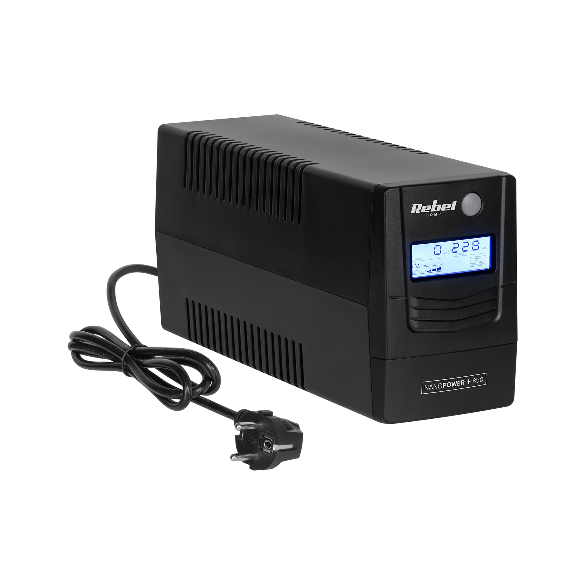 

Zasilacz awaryjny komputerowy UPS REBEL model Nanopower Plus 850 ( offline, 850VA / 480W , 230 V , 50Hz , LCD , USB , RJ45 )