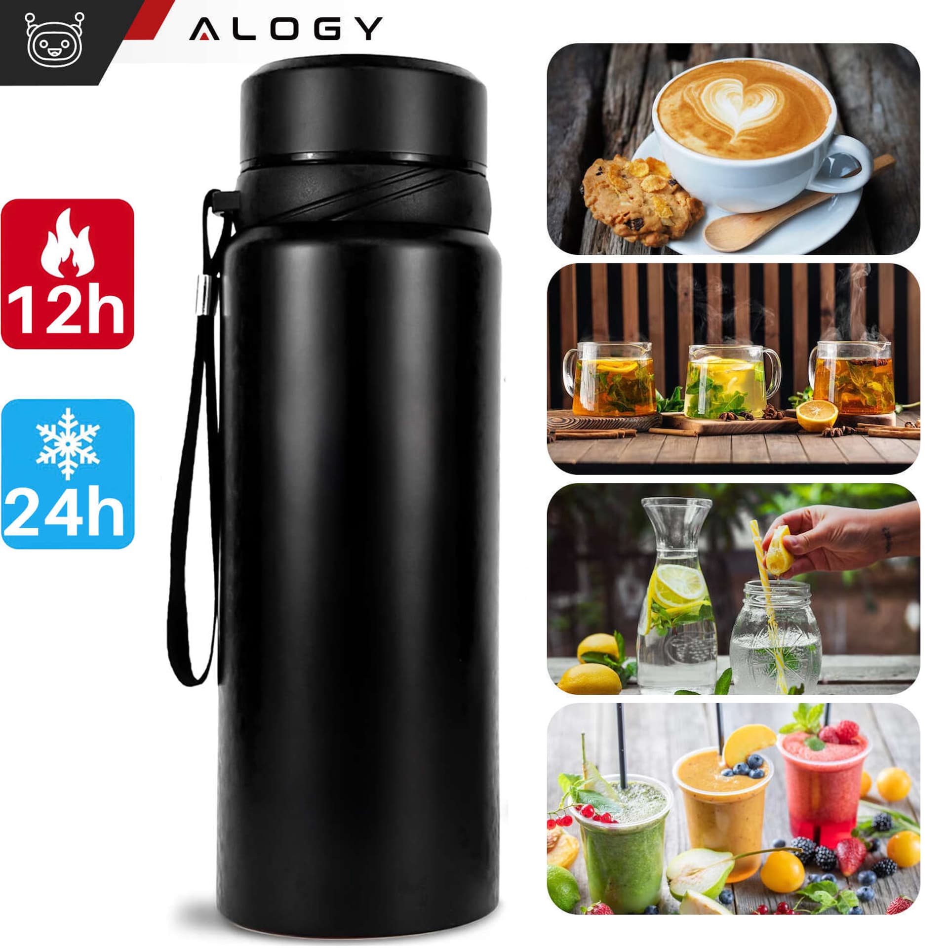 

Termos butelka bidon termiczny 1l do kawy herbaty yerba mate z zaparzaczem sitko duży Alogy stal czarny