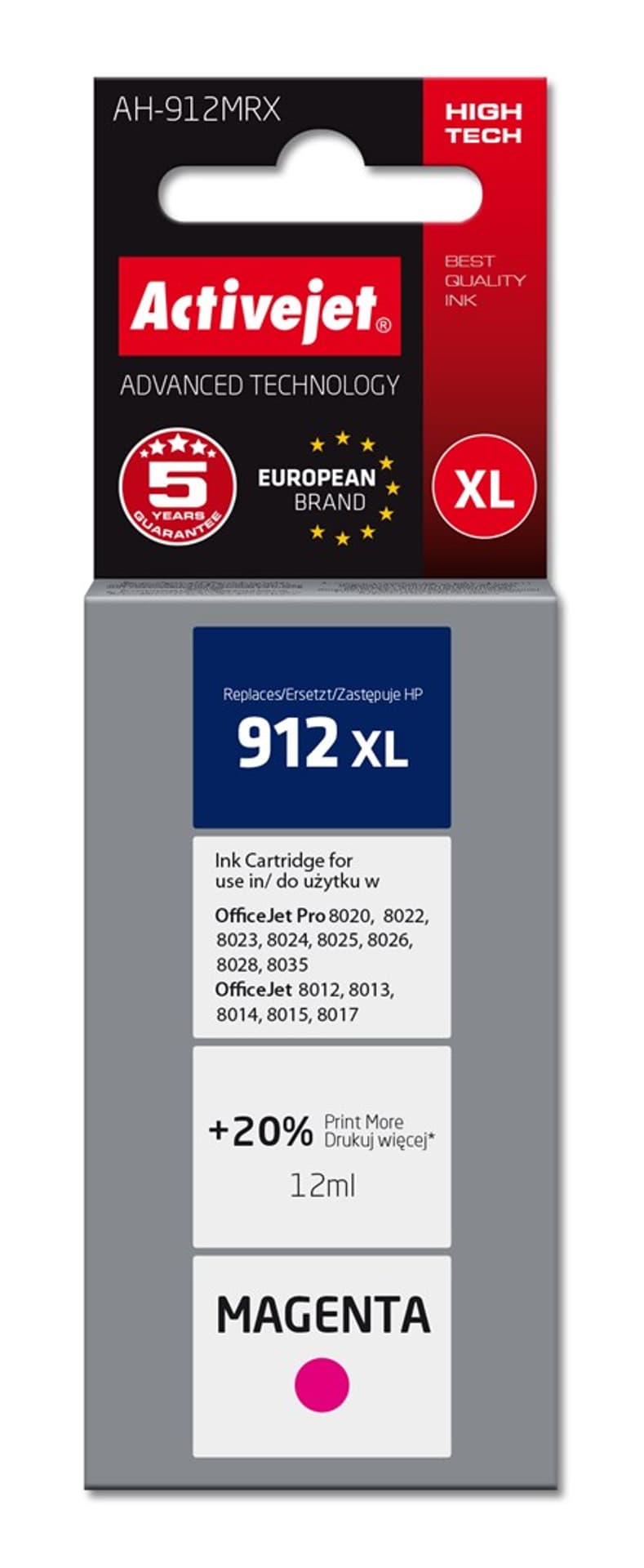 

Tusz Activejet AH-912MRX (zamiennik HP 912XL 3YL82AE; Premium; 990 stron; 12 ml, czerwony)