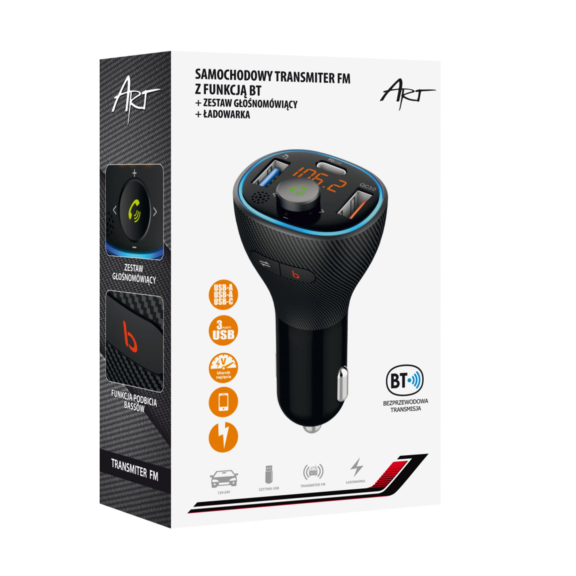 

TRANSMITER samoch FM MP3 z funkcją BT,USB LCD FM-73 ART QC3.0
