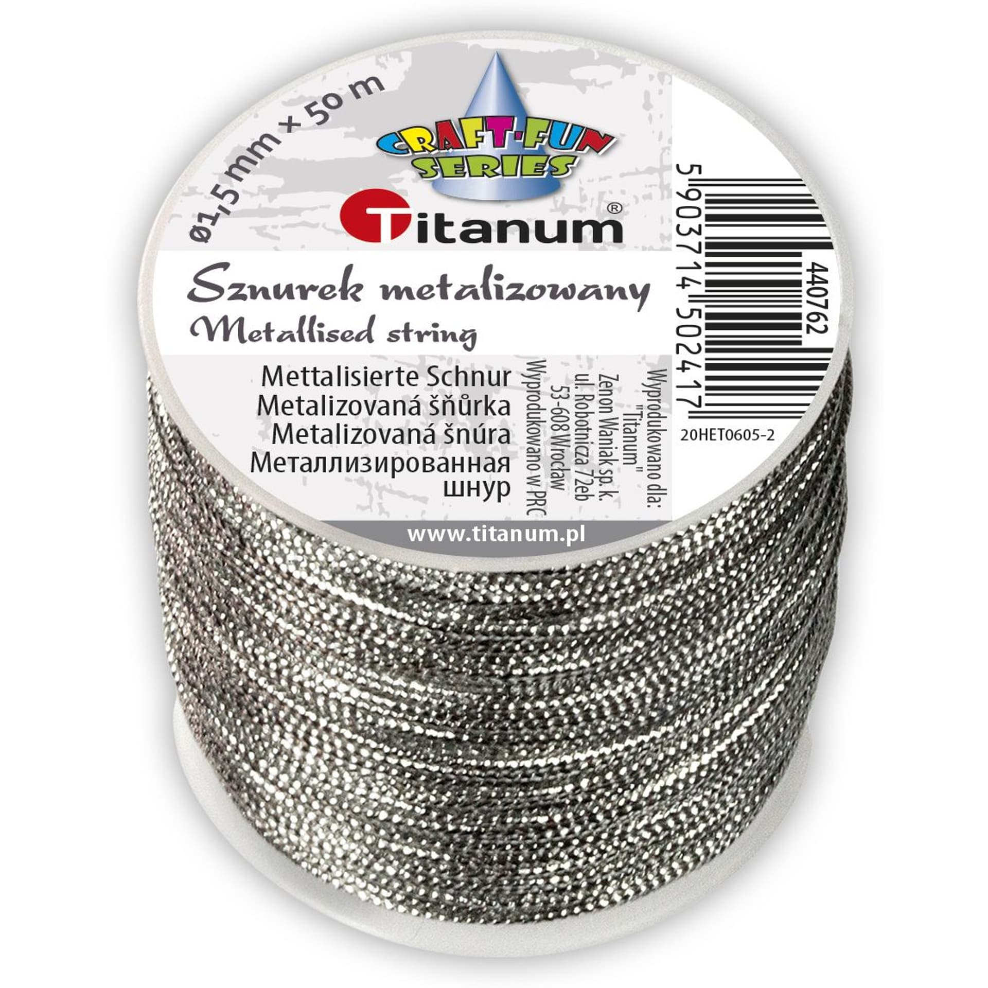 

Sznurek metalizowany srebrny 1,5mm x 50m 440762 TITANUM