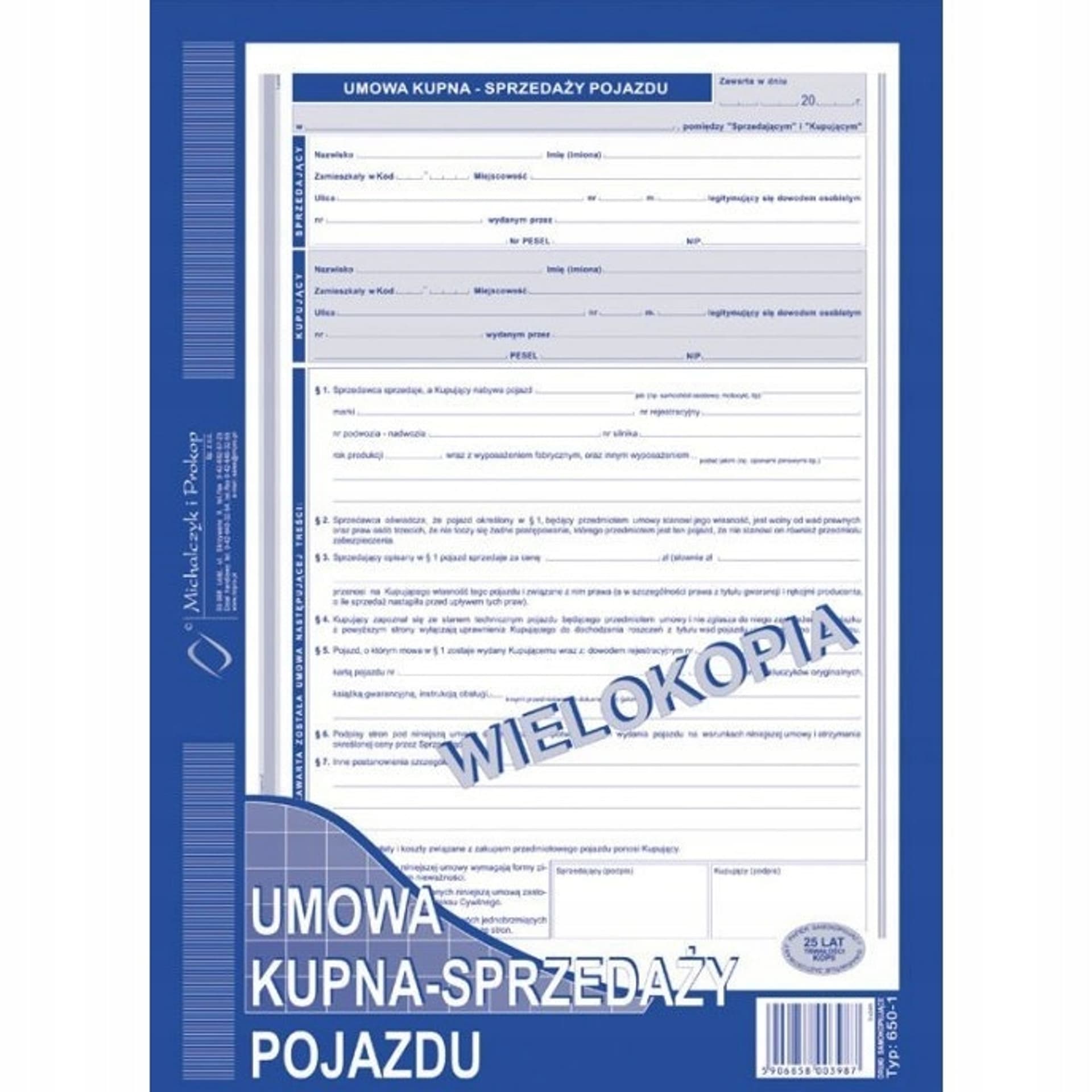 

650-1 Umowa kupna - sprzedaży pojazdu MICHALCZYK&PROKOP A4 40 kartek