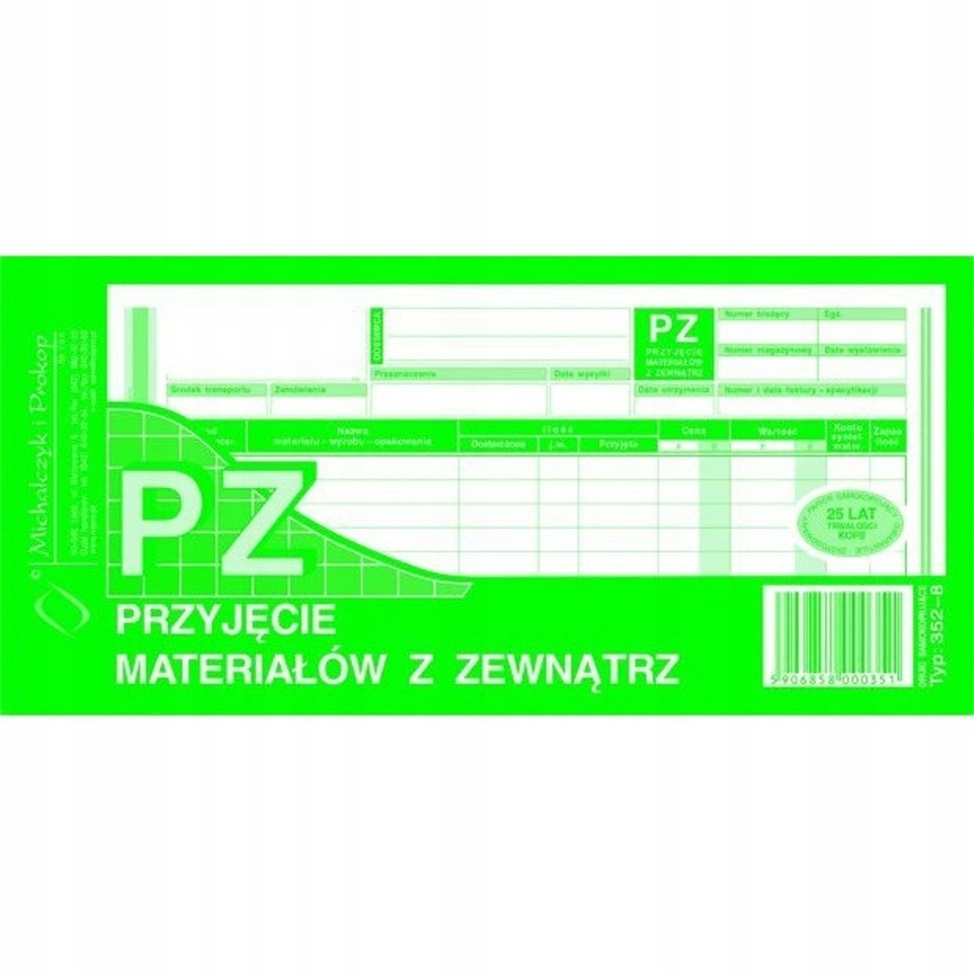 

352-8 PZ przyjęcie materiałów z zewnątrz 1/3A4 80 kartek MICHALCZYK