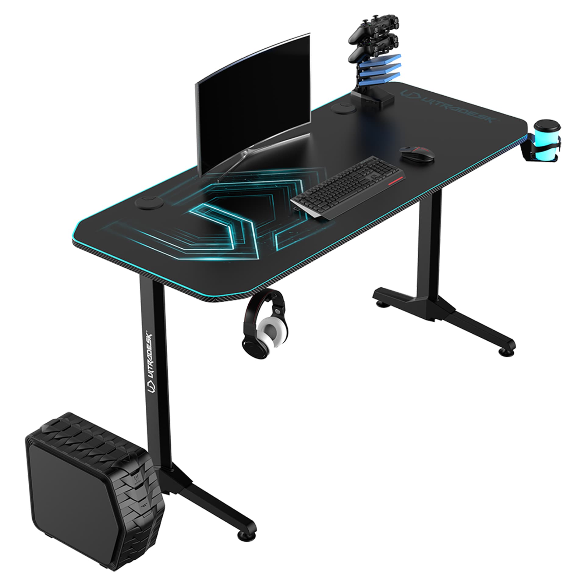 

ULTRADESK Biurko dla gracza FRAG - BLUE V3, 140x60 cm, 76 cm, z podkładką pod mysz, uchwyt na słuchawki i napój