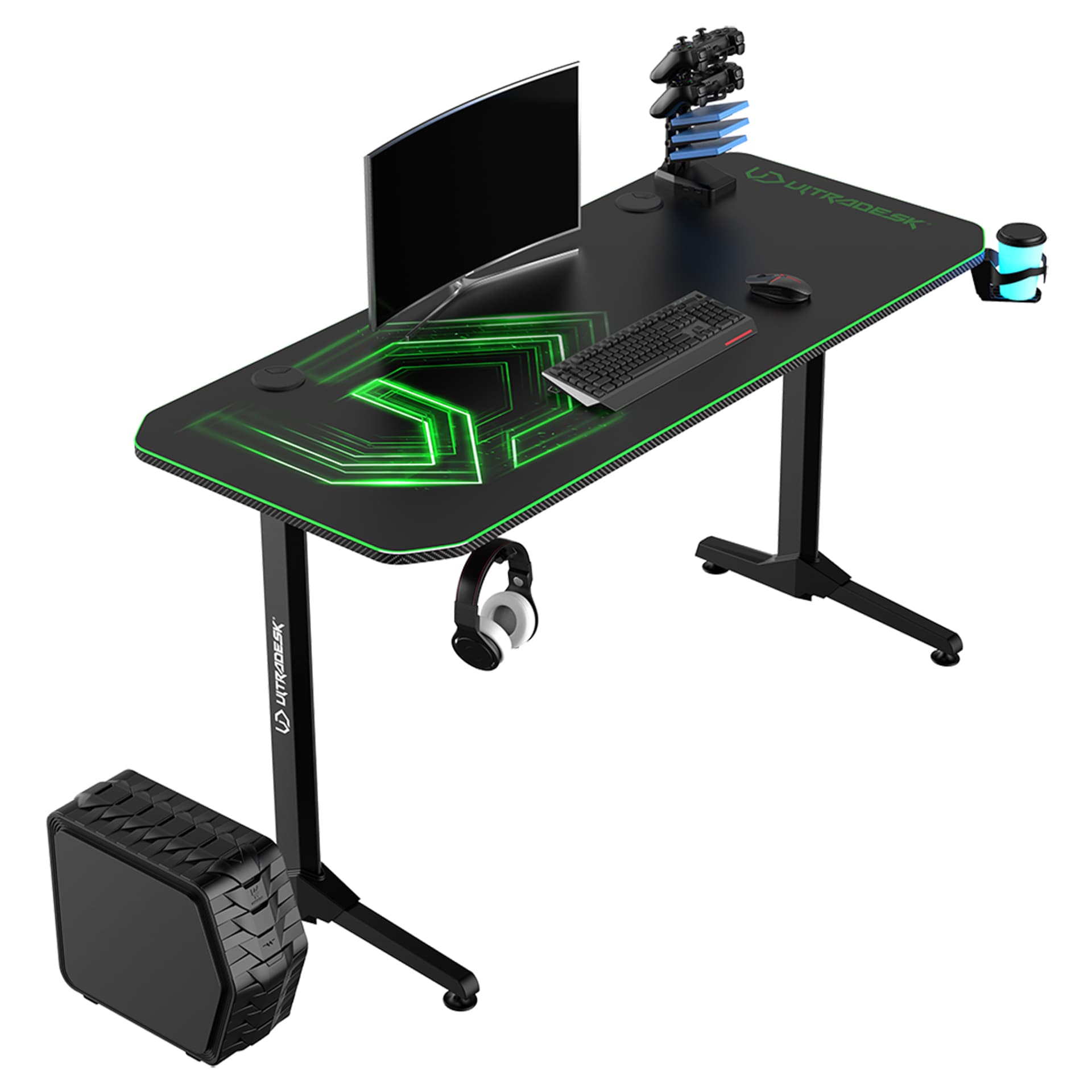 

ULTRADESK Biurko dla gracza FRAG - GREEN V3, 140x60 cm, 76 cm, z podkładką pod mysz, uchwyt na słuchawki i napój