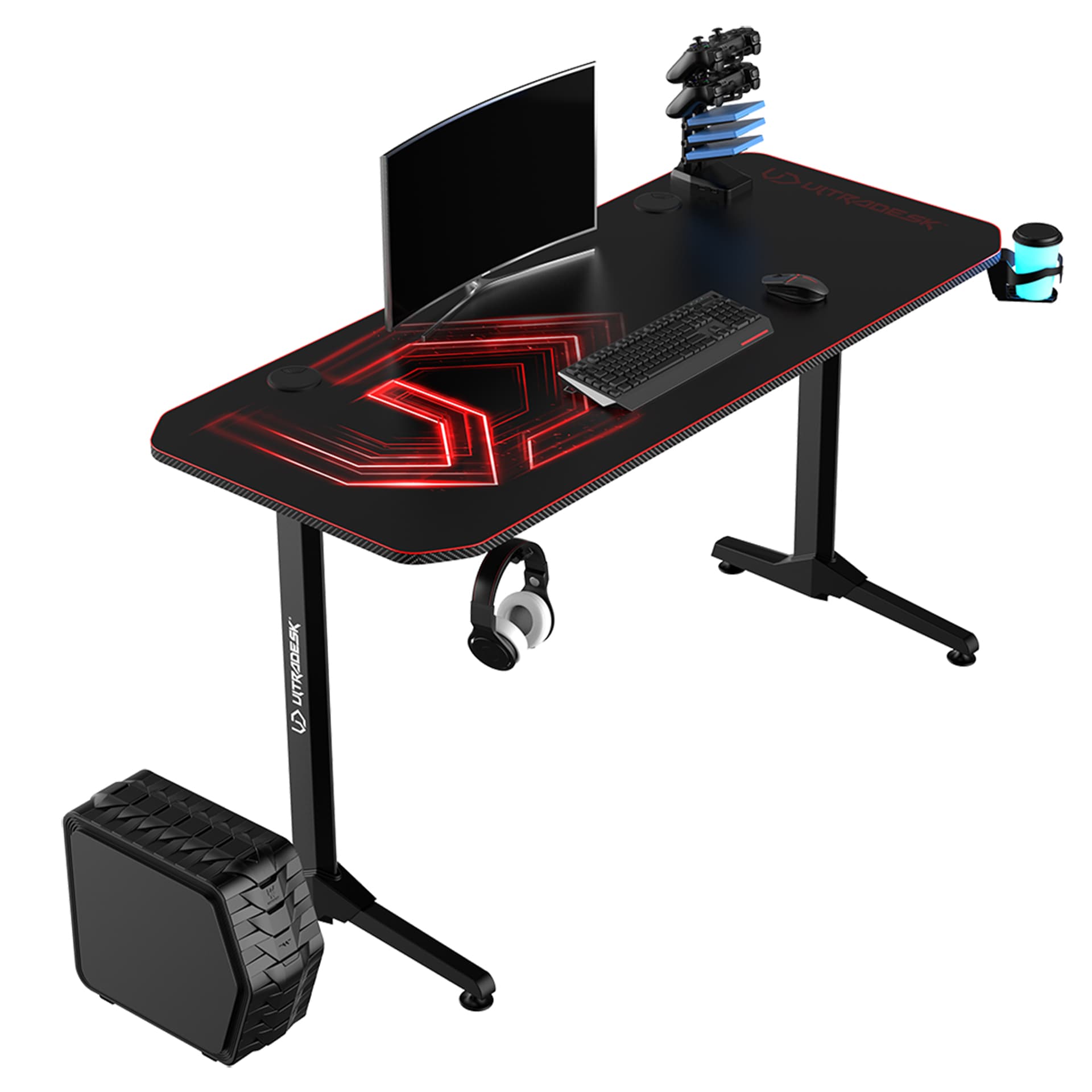 

ULTRADESK Biurko dla gracza FRAG - RED V3, 140x60 cm, 76 cm, z podkładką pod mysz, uchwyt na słuchawki i napój