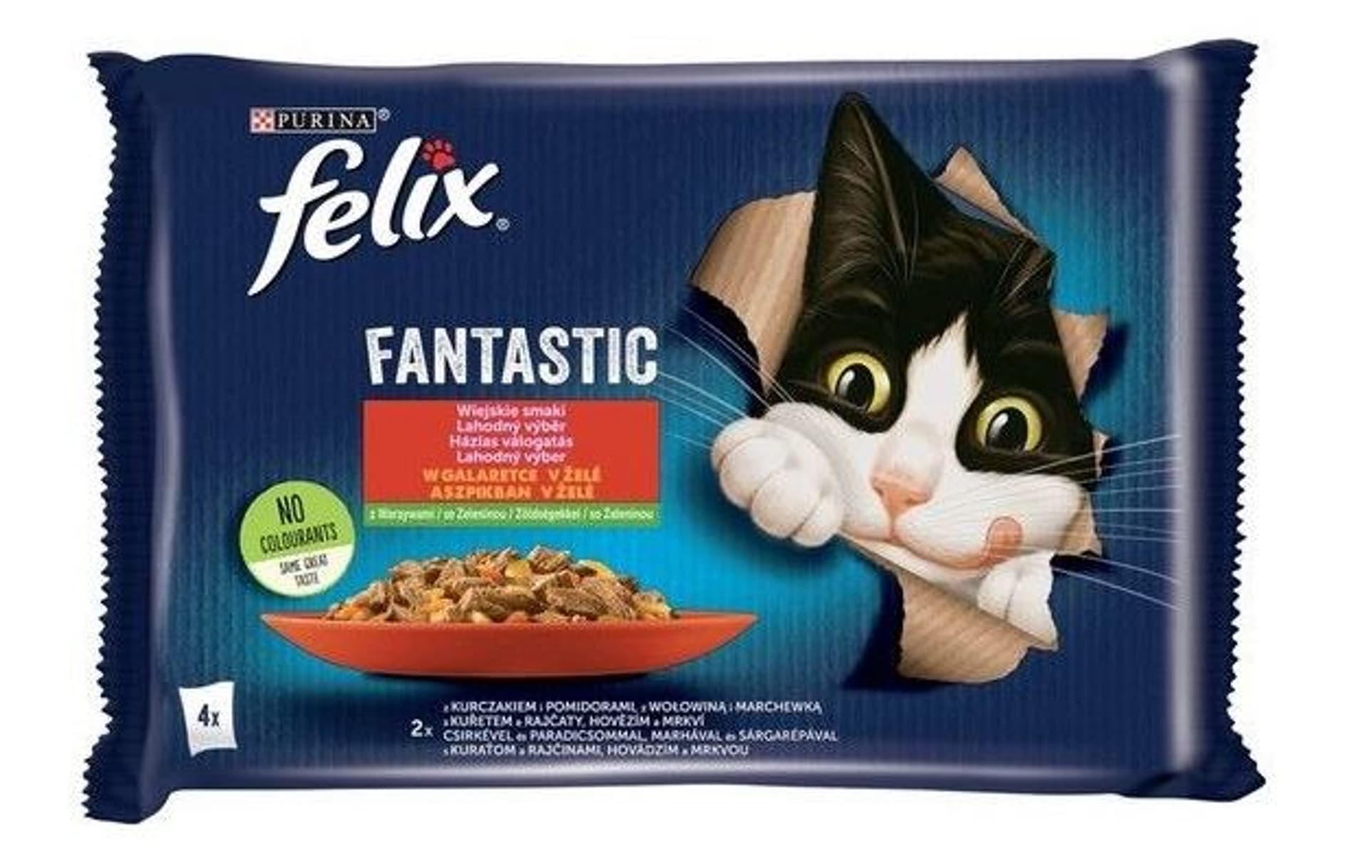 

FELIX FANTASTIC Wiejskie smaki kurczak z pomidorami i wołowina z marchewką, saszetki dla kota w galarecie (4x85g)