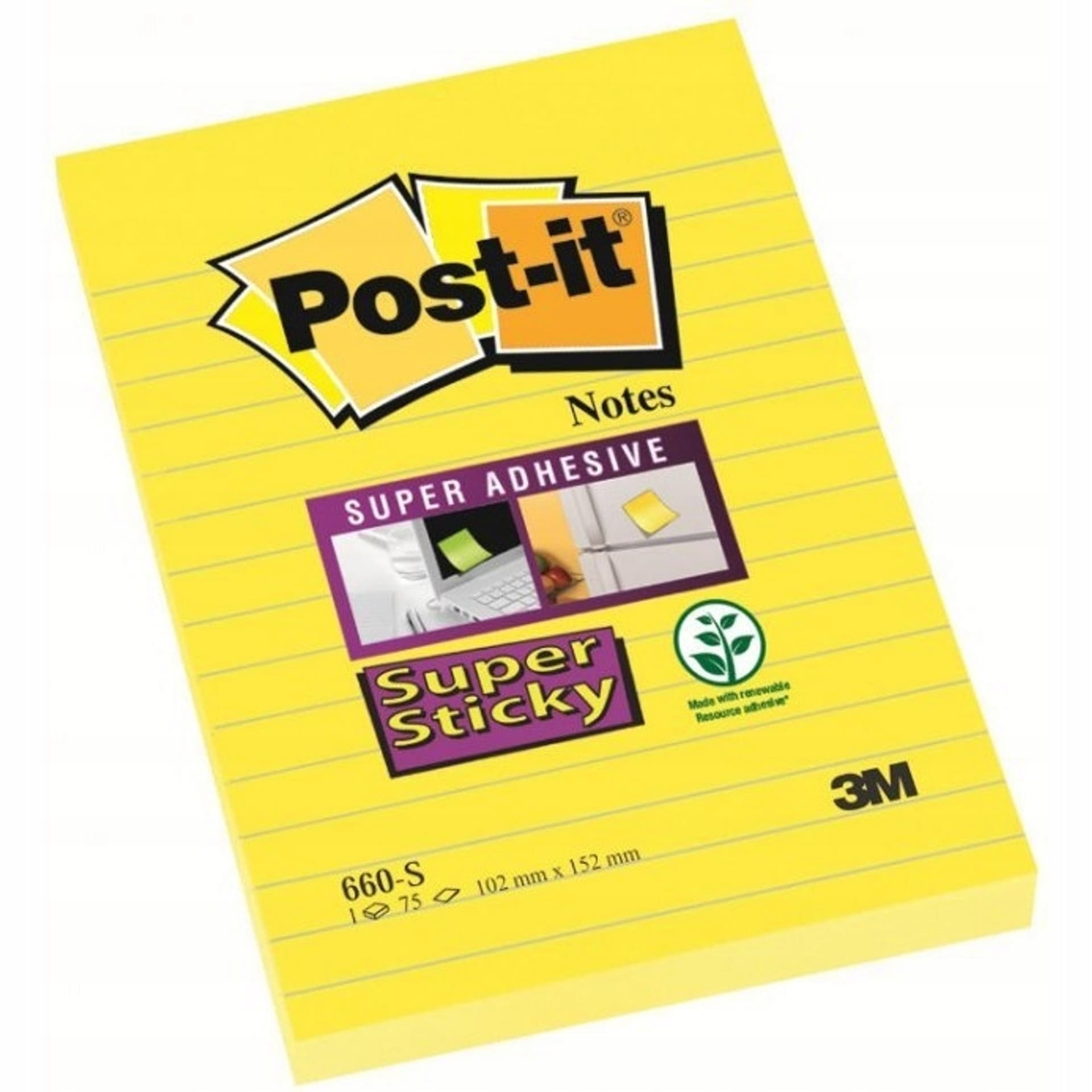 

Bloczki 3M POST-IT 660-S 102x152mm żółty 75k linia Super Sticky 510093832