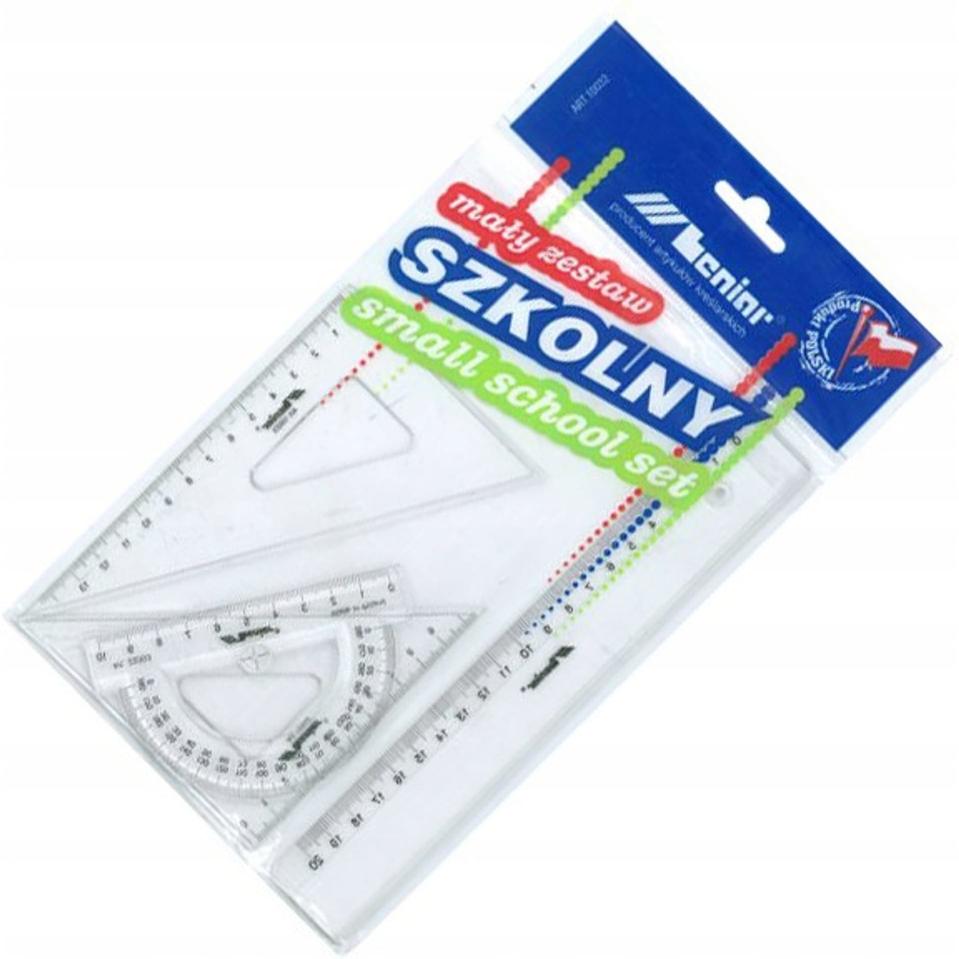 

Komplet szkolny mały ( linijka 20cm, 2 trójkąty 16cm, kątomierz 9,5cm/180°) 10032 LENIAR, Kątomierz 9.5cm/180°) 10032 lenia