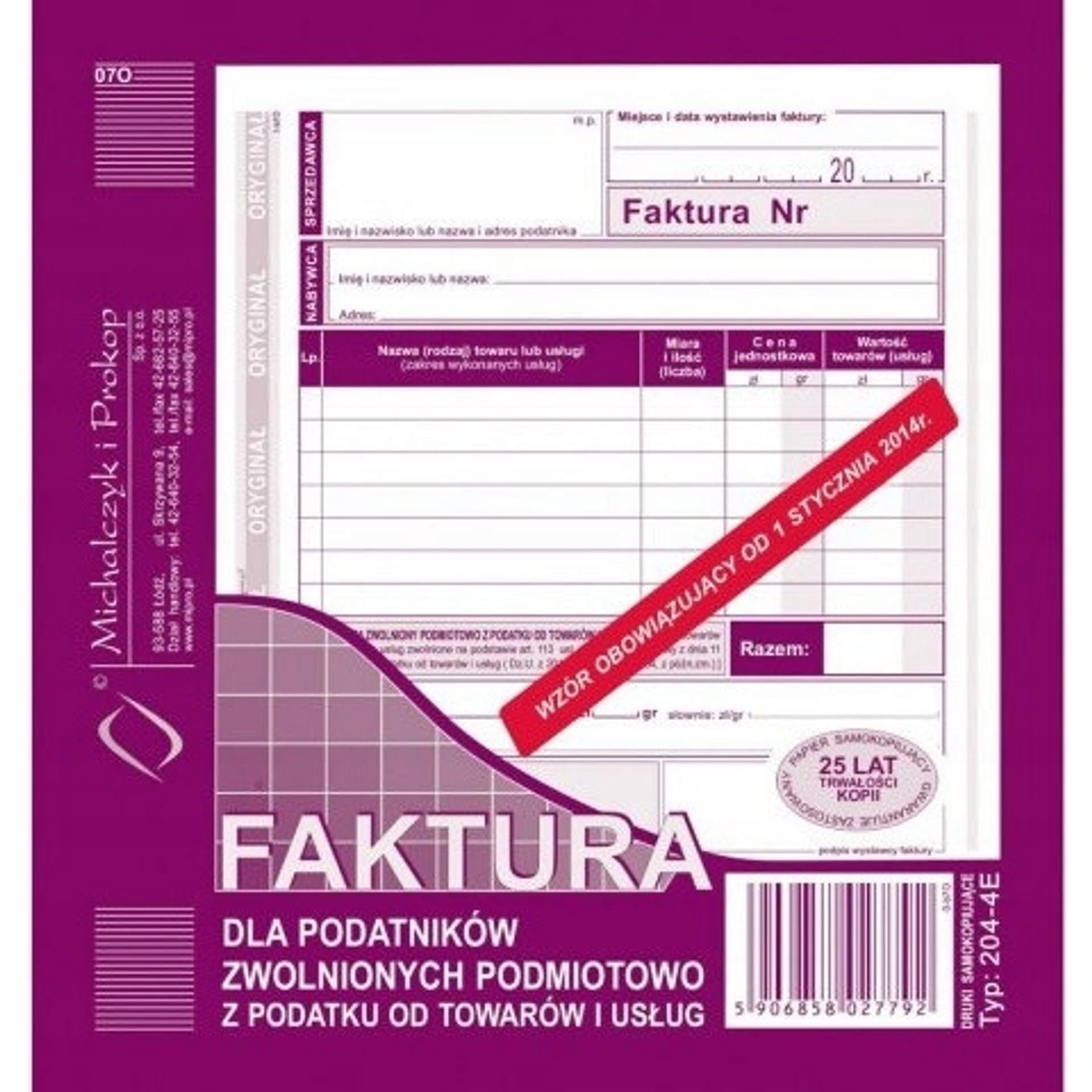 

204-4E Faktura dla zw.podm.z pod.2/3 A5 Michalczyk i Prokop