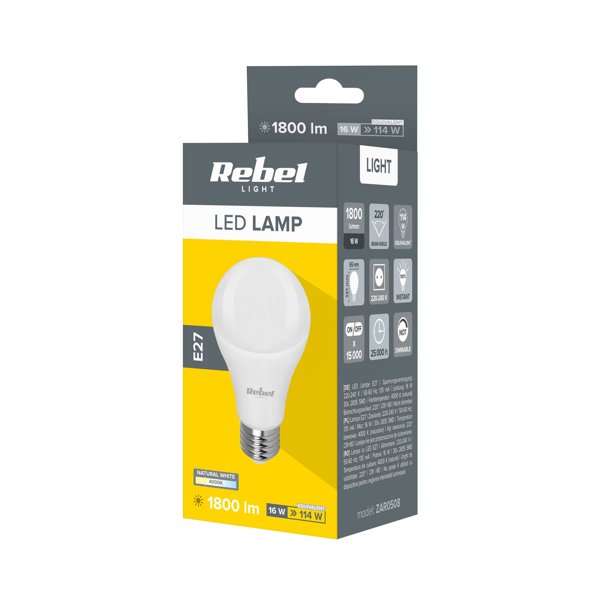 

Lampa LED Rebel A65 16W, E27, 4000K, 230V