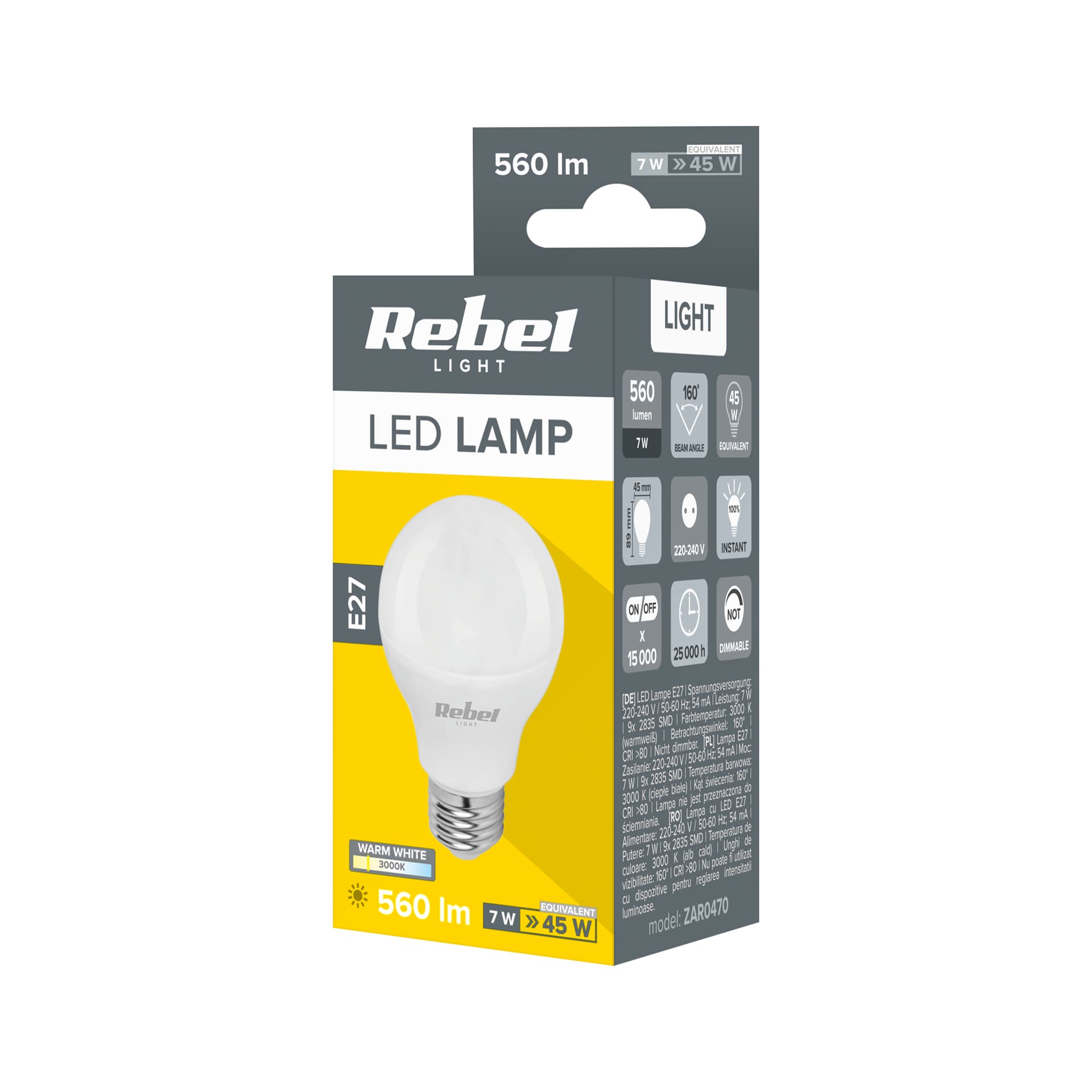

Lampa LED G45, 7W, E27, 3000K, 230V