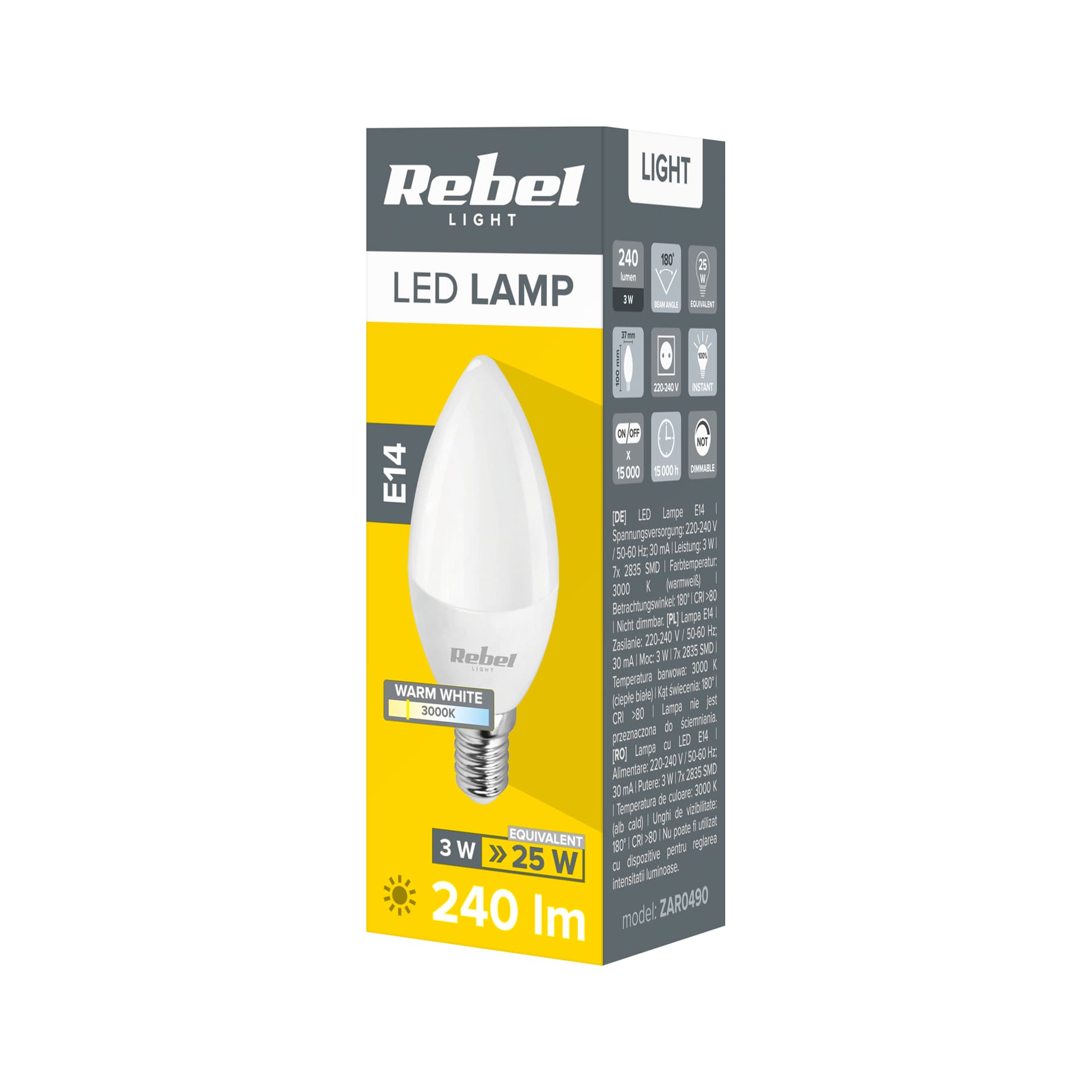 

Lampa LED Rebel, świeca 3W, E14 3000K, 230V