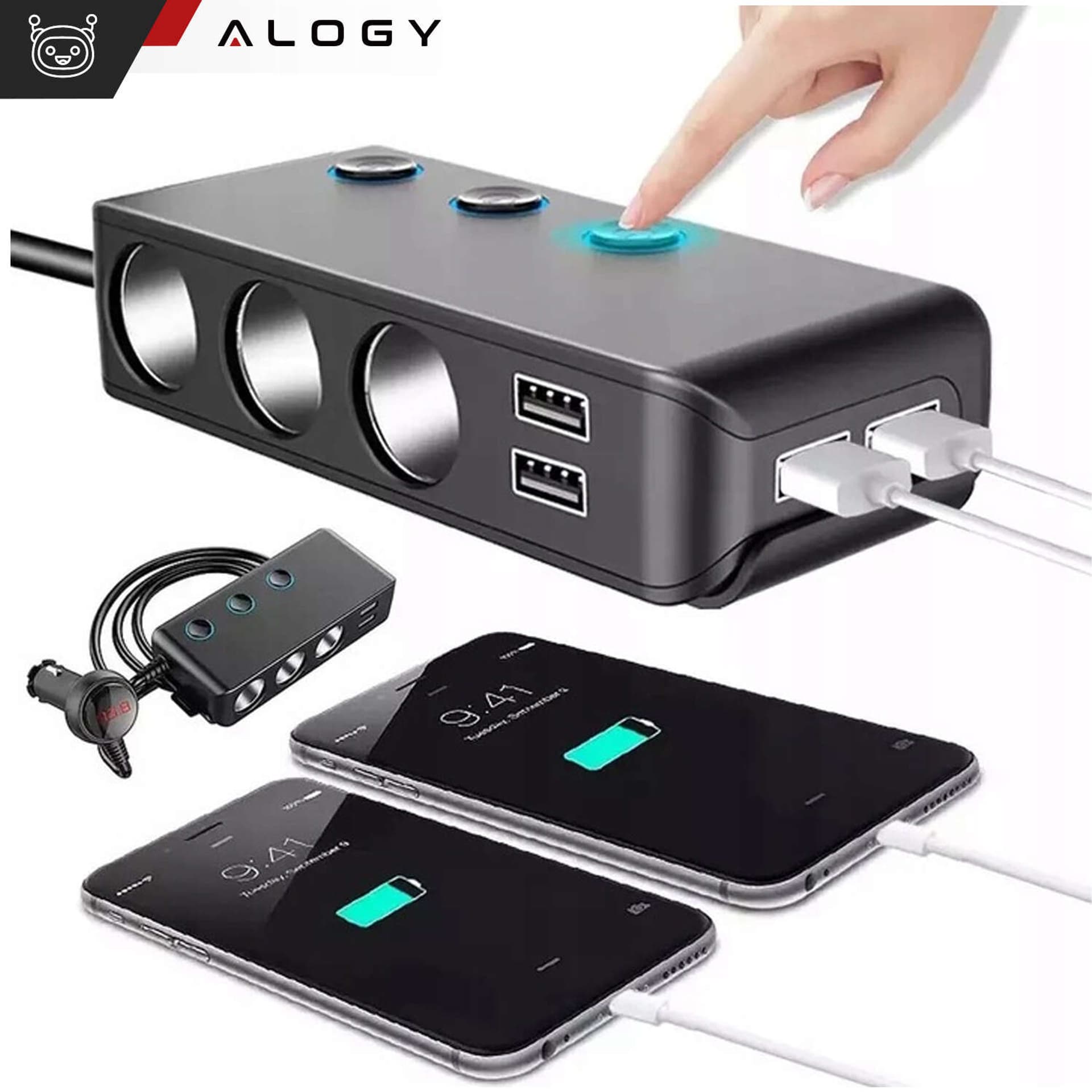 

Rozdzielacz gniazda zapalniczki x3 samochodowy 4x USB QC 12-24V Ładowarka Adapter przełącznik 120W Alogy Czarny
