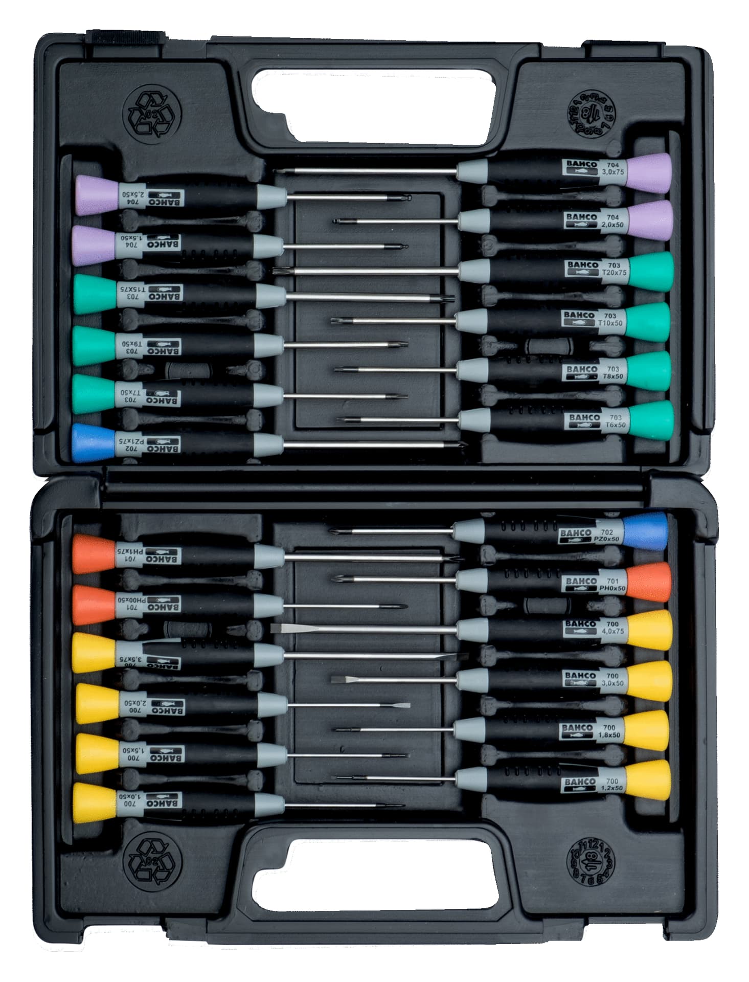 

Wkrętaki precyzyjne, zestaw 24 szt., TORX®, Phillips, Pozidriv, imbusowe, płaskie BAHCO
