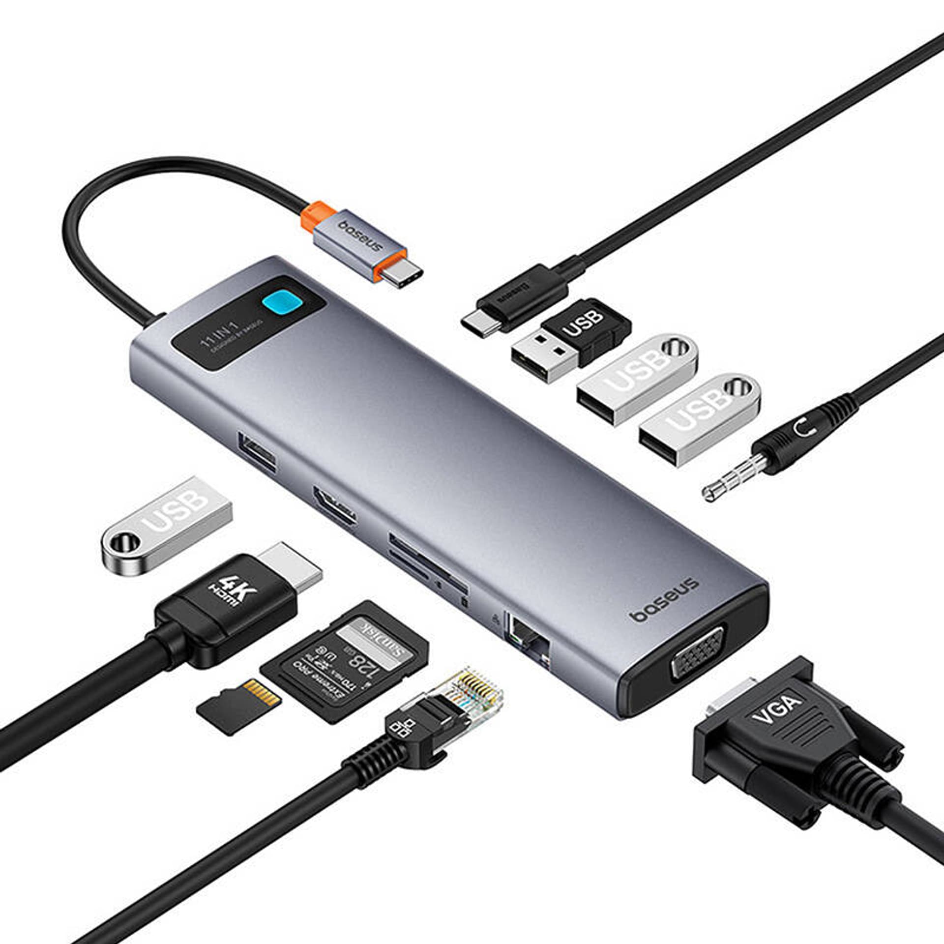 

Hub 11w1 Baseus StarJoy Metal Glam Series, USB-C do HDMI +VGA + 3 x USB 3.0 + USB 2.0+USB-C PD + RJ45 + SD/TF +3,5mm
