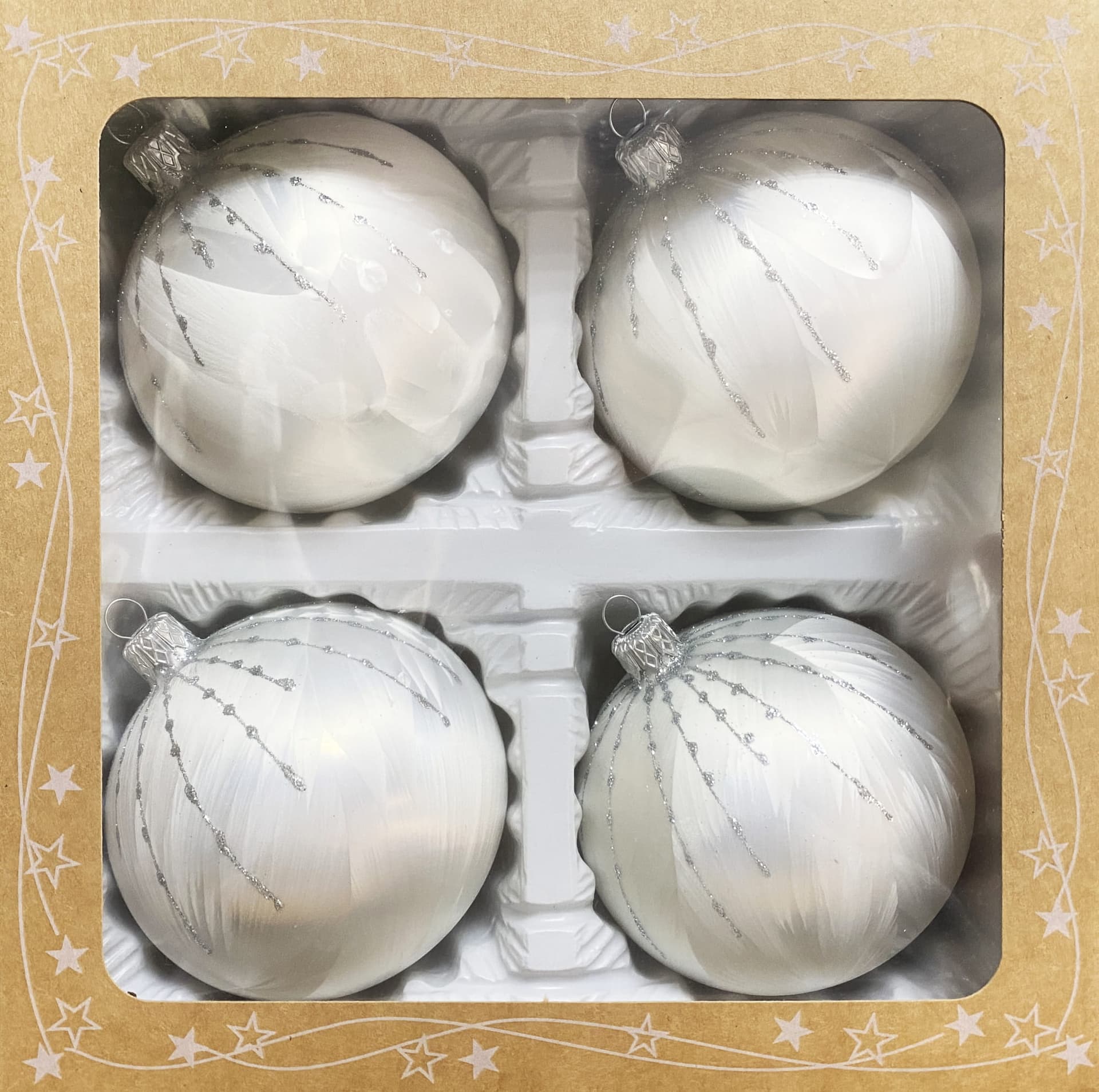 

Bombki szklane 10cm dekorowane 4 sztuki (biały)