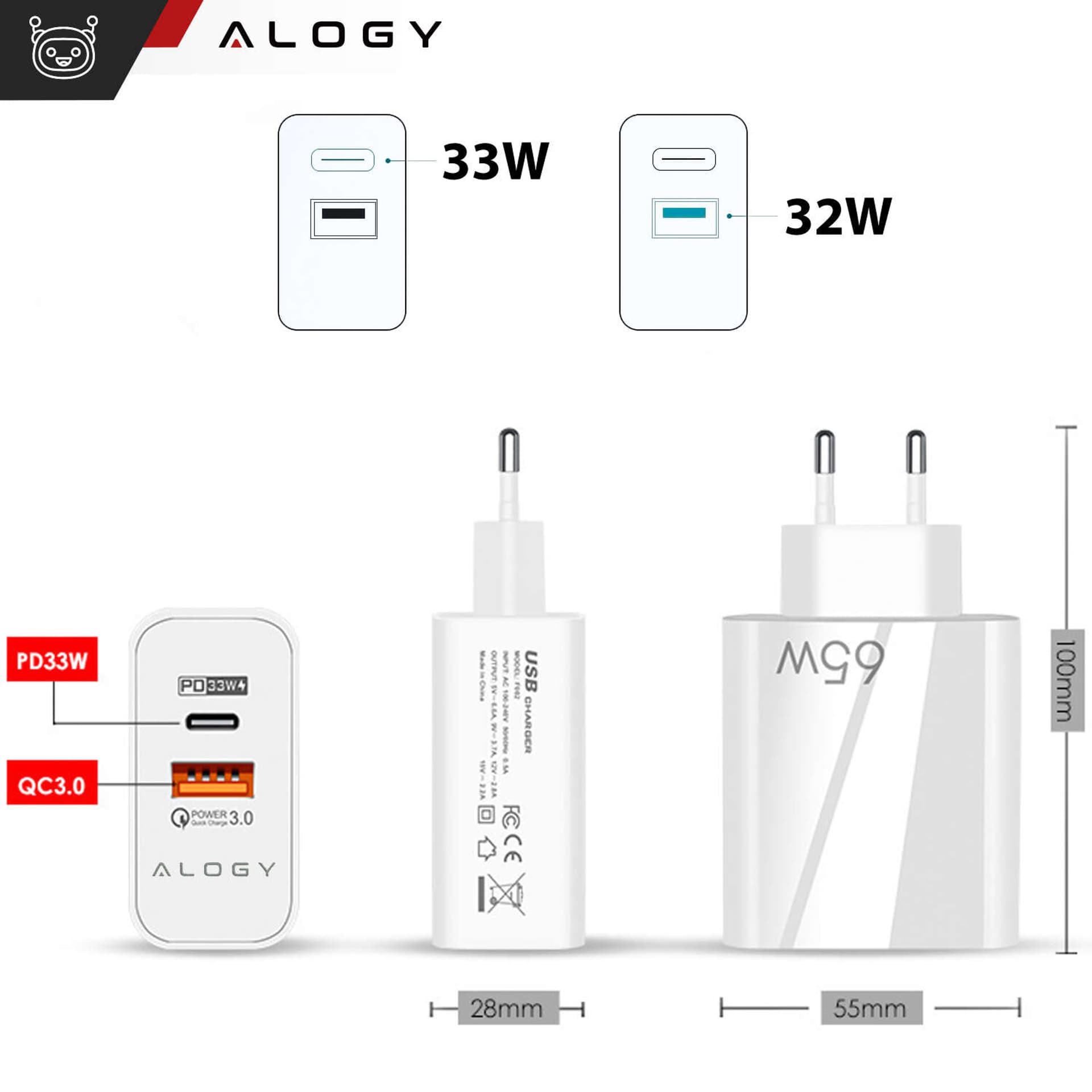 

Ładowarka sieciowa szybka USB-A QC 3.0 Quick Charge + USB-C PD 33W 65W Alogy Biała