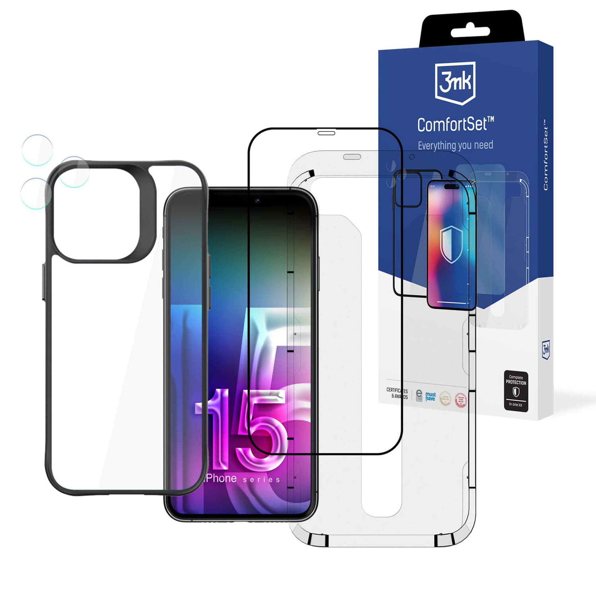

Etui + szkło ekran + obiektyw do iPhone 15 Pro Zestaw 3mk Comfort Set 4in1 case lens hartowane