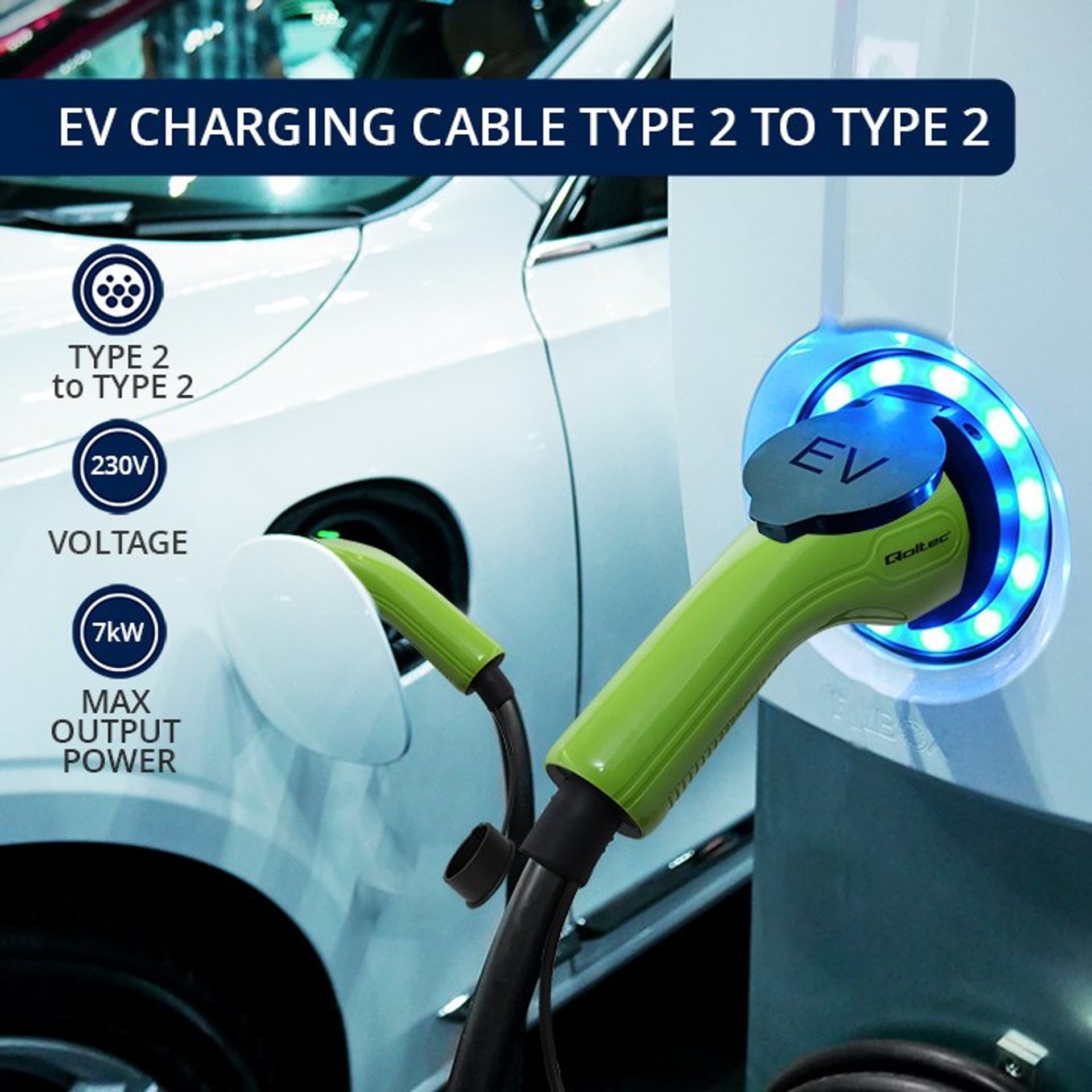 

QOLTEC KABEL EV TYP2 DO ŁADOWANIA SAMOCHODU | 230V | 7KW | 32A | 5M