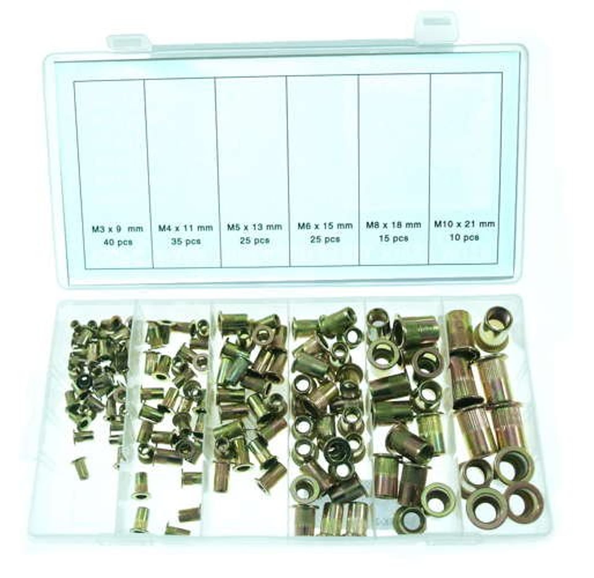

Nitonakrętki M4-M10, 9 - 21 mm, 150 sztuk, STALOWE