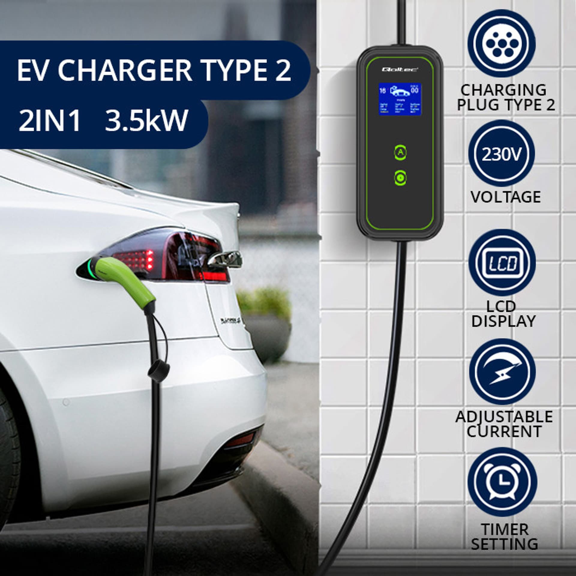 

Qoltec Mobilna ładowarka do samochodów EV 2 w 1 typ2 | 3.5kW | 230V