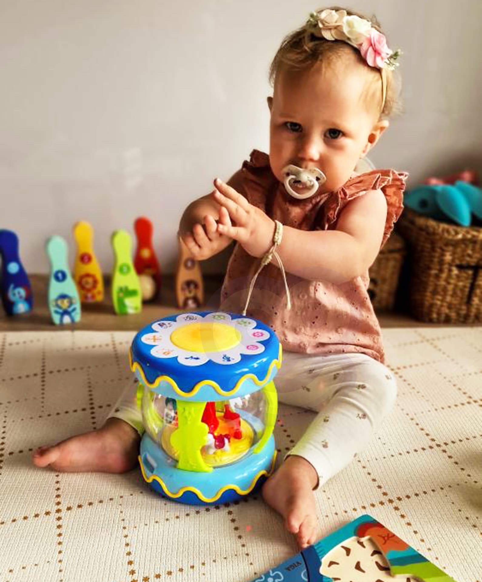 

WOOPIE BABY Bębenek Pozytywka Projektor 3w1 Zabawka Muzyczna dla Niemowląt + Walec Roller do Nauki Raczkowania