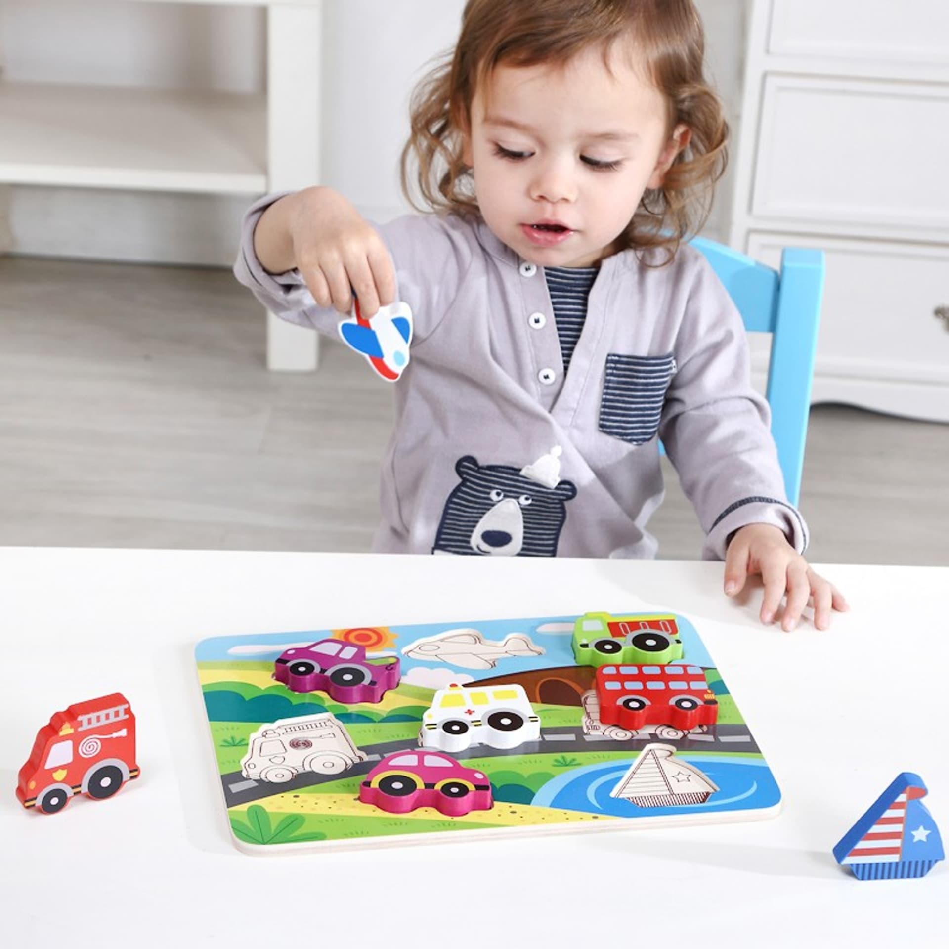 

TOOKY TOY Drewniane Puzzle 3D Montessori Pojazdy Dopasuj Kształty