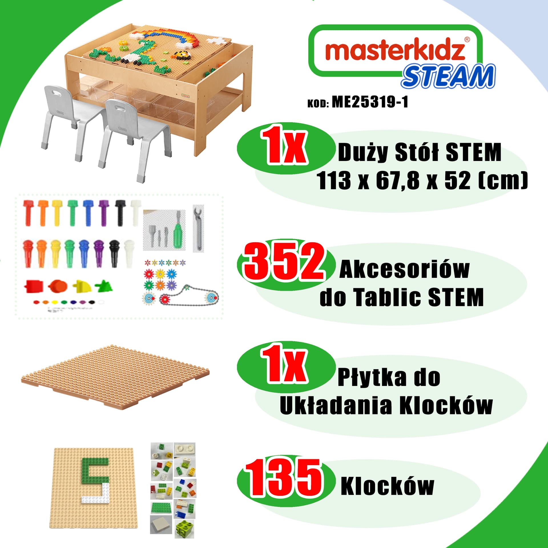 

MASTERKIDZ Drewniany Stół Edukacyjny + AKCESORIA STEM WALL + 135 Klocków