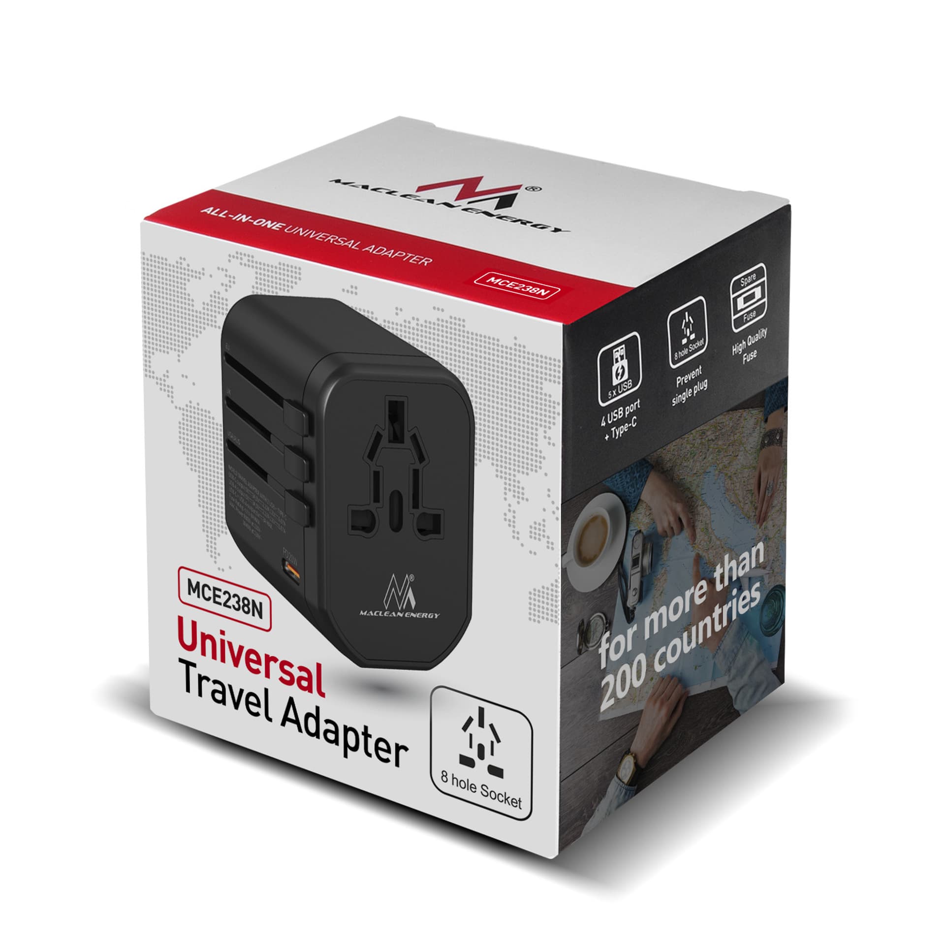 

Adapter podróżny Maclean, zasilacz USB, 2xUSB 2,4A + USB-C PD 20W, Bezpiecznik 8A, Quick and Fast Charge, 200 krajów świata, MCE