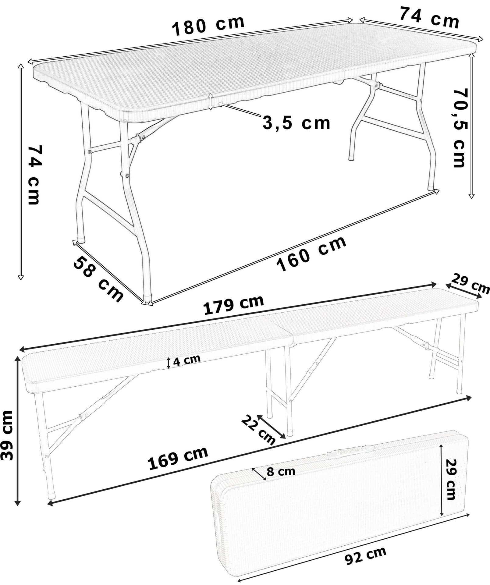 

Zestaw cateringowy Rattan brąz stół 180 cm+ 2 ławki