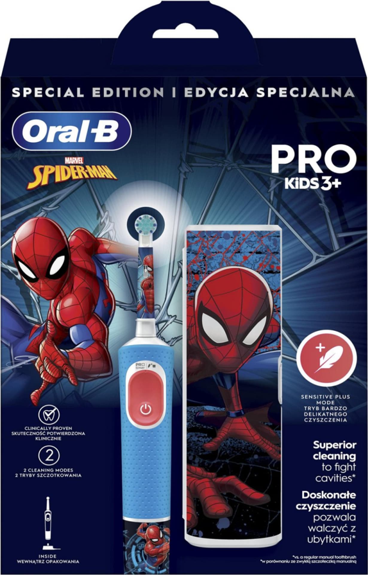

Elektryczna szczoteczka do zębów Oral-B Vitality PRO Kids Spiderman z etui podróżnym, niebieska