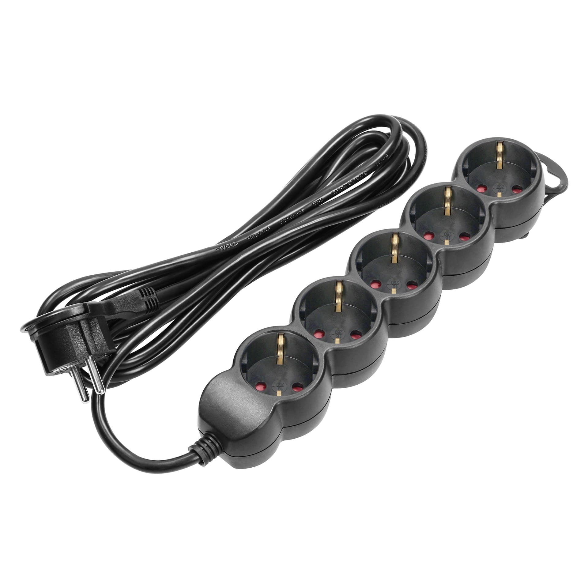 

Przedłużacz 5-krotny 2P+Z (Schuko), 3m H05VV-F 3x1,5mm2, Imax=16A, płaska wtyczka, czarny, Schuko)/3m h05vv-f 3x1.5mm2/imax=16a/płaska wtyczka/czarn