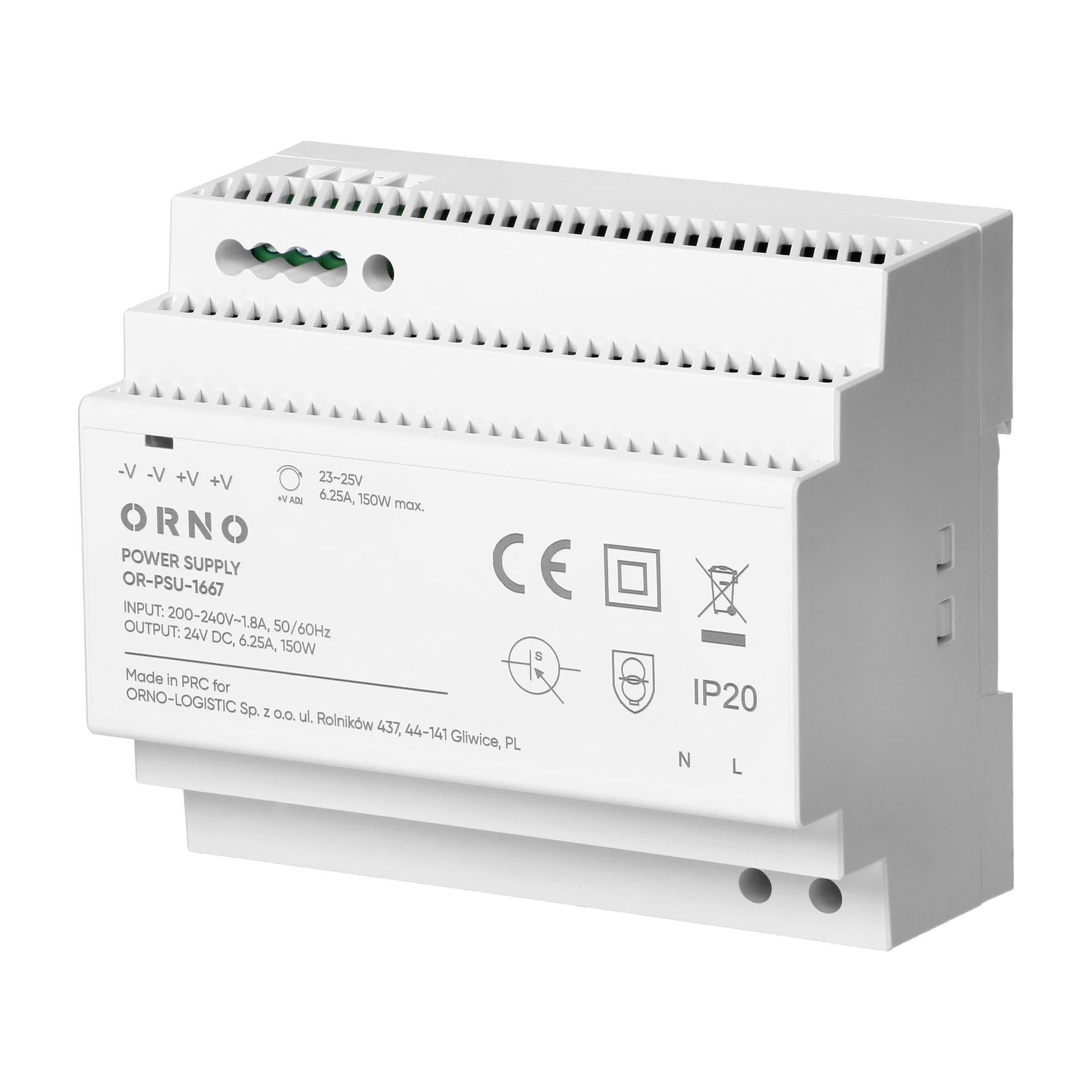 

Zasilacz na szyne DIN, 24VDC, 6,25A, 150W, 6 modułów