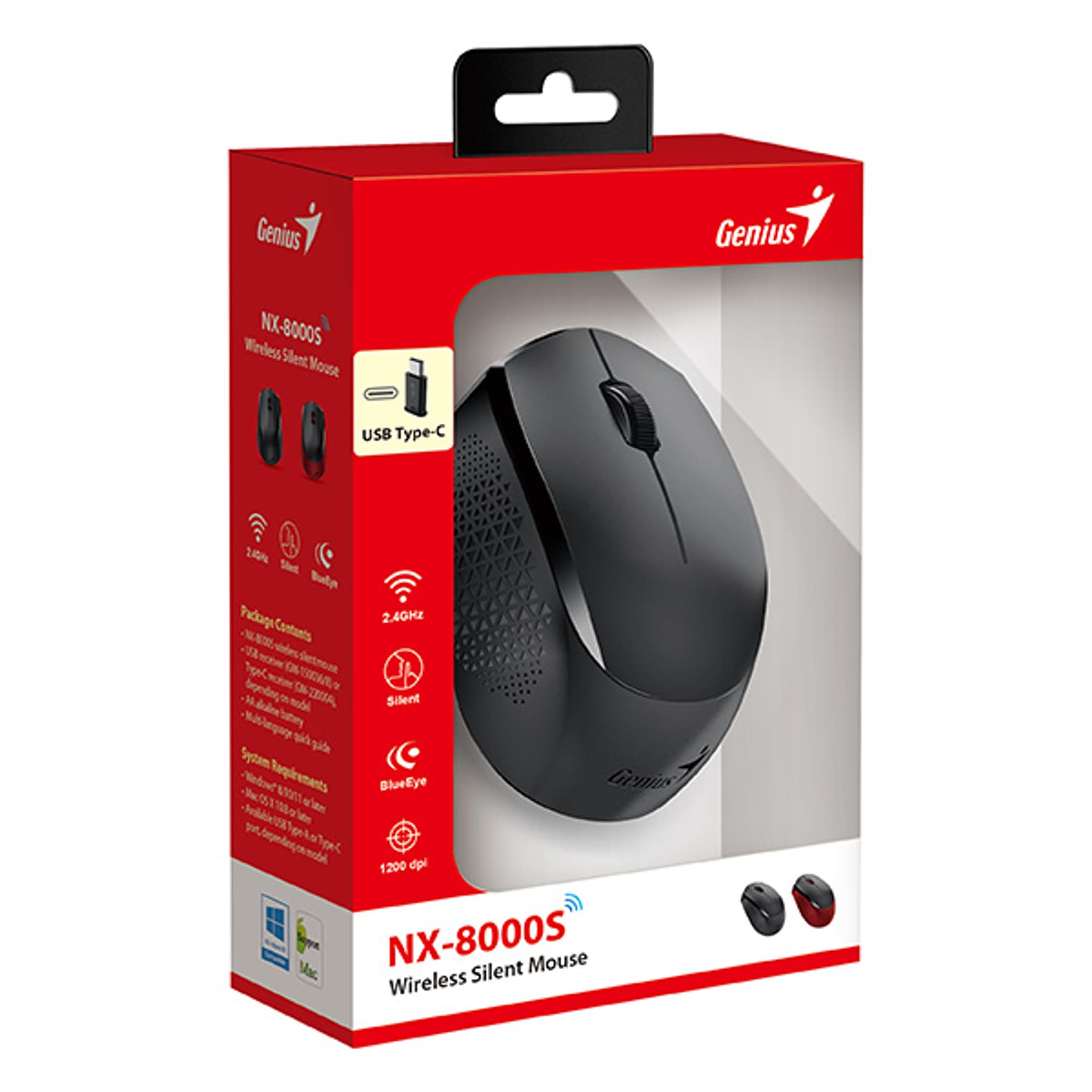 

Genius Mysz NX-8000S Type-C, 1200DPI, 2.4 [GHz], optyczna, 3kl., bezprzewodowa USB, czarna