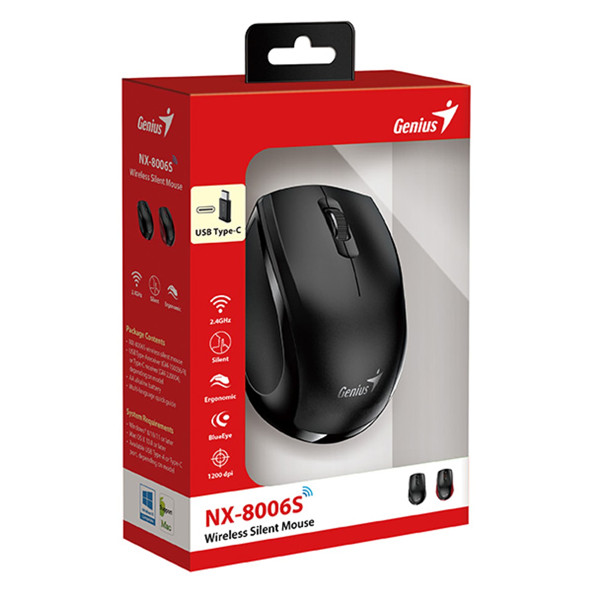 

Genius Mysz NX-8006S Type-C, 1200DPI, 2.4 [GHz], optyczna, 3kl., bezprzewodowa USB, czarna, Adapter USB-C