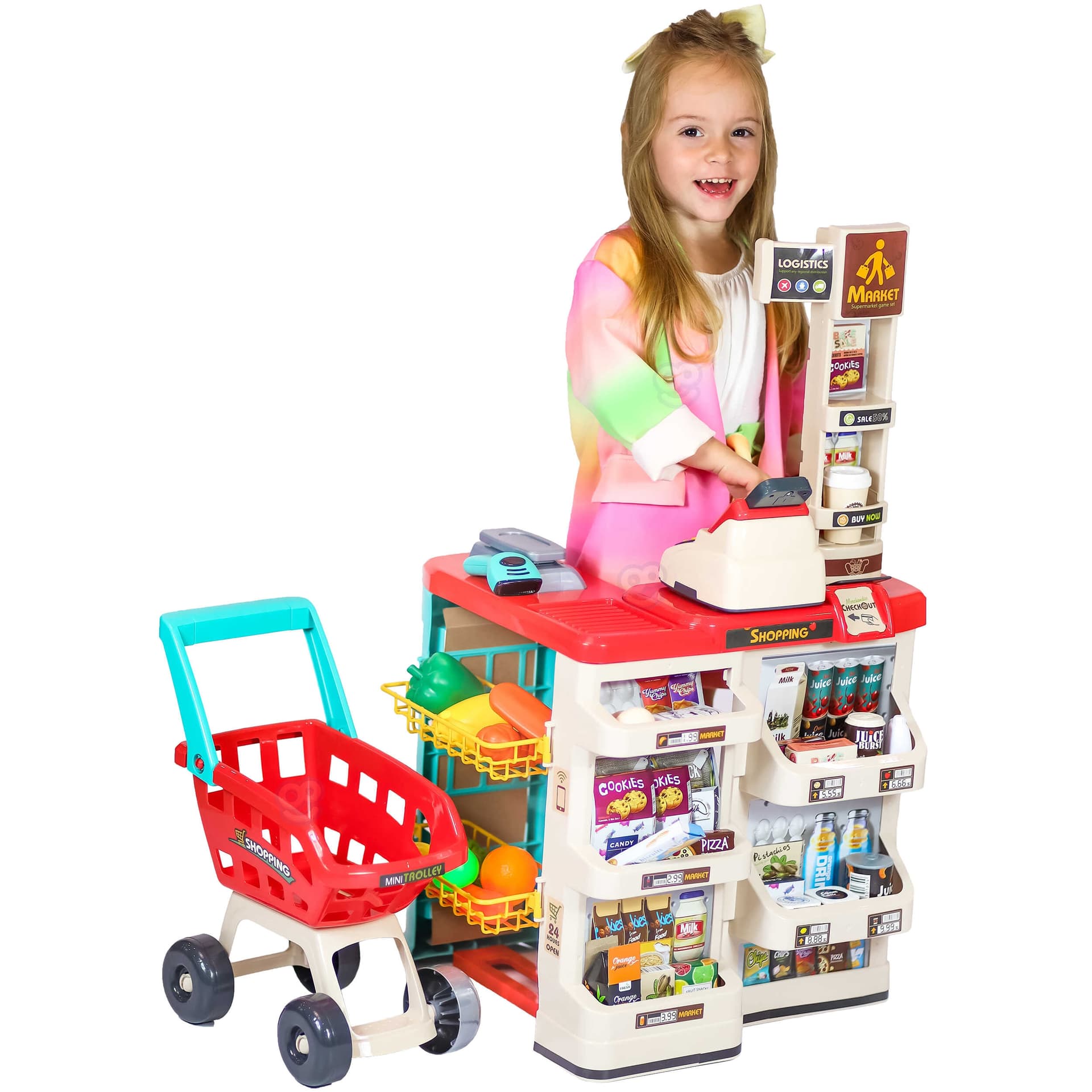 

WOOPIE Sklep Supermarket z Wózkiem Sklepowym Waga Kasa Skaner + 48 Akc.
