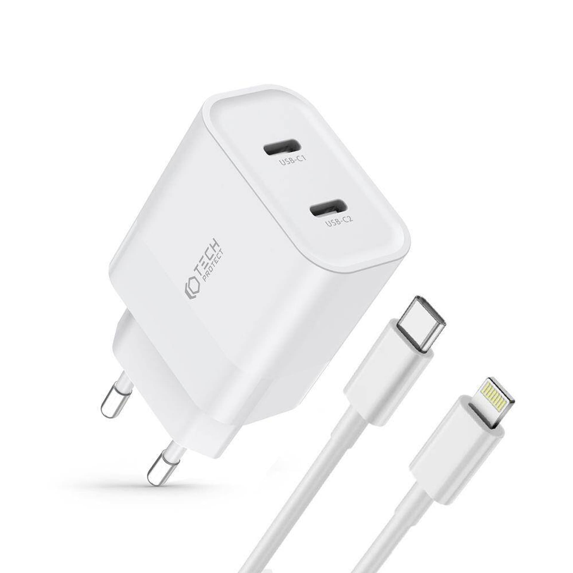 

Ładowarka Sieciowa PD 20W 2x USB-C + Kabel USB-C - Lightning Tech-Protect C20W biała