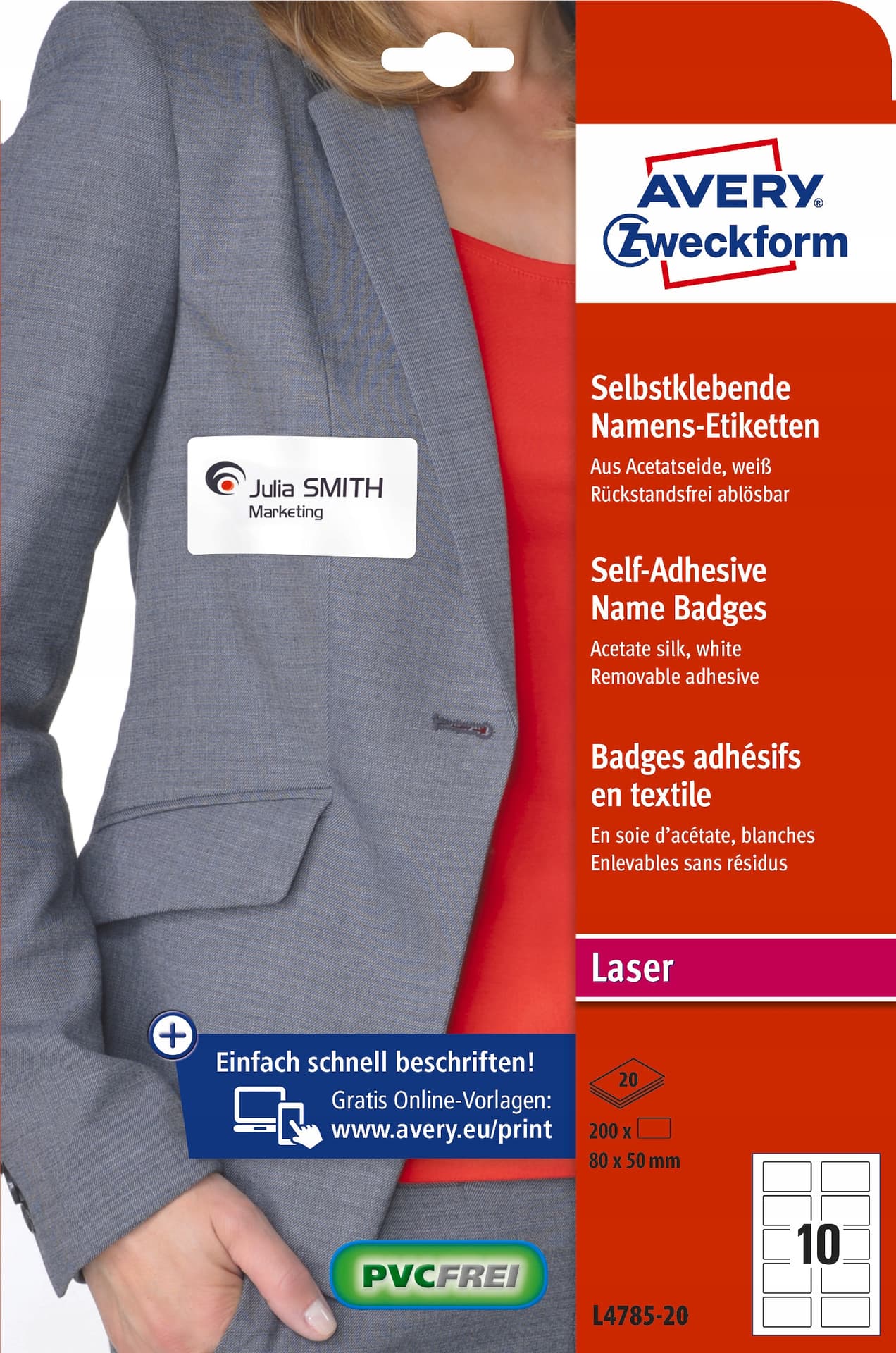 

Identyfikator do zadruku 80x50mm 120g samoprzylepny biały sztuczy jedwab L4785-20 AVERY ZWECKFORM