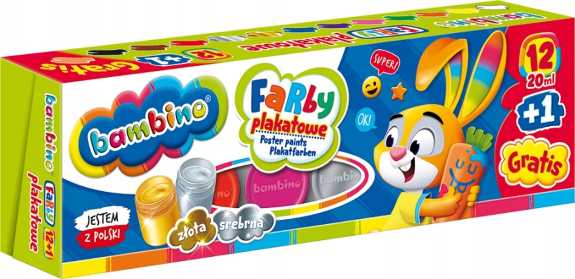 

Farby plakatowe 12 kolorów, 20ml + 1 farba cielista gratis BAMBINO