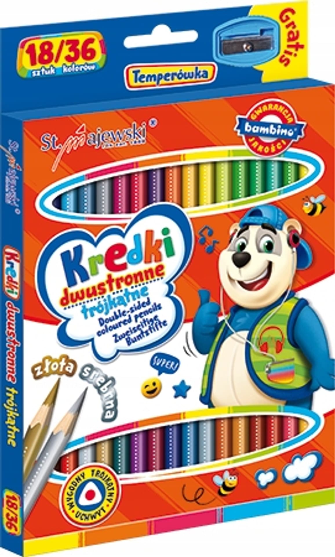 

Kredki ołówkowe trójkątne dwustronne 18/36 kolorów + temperówka BAMBINO opak.kart. St.majewski