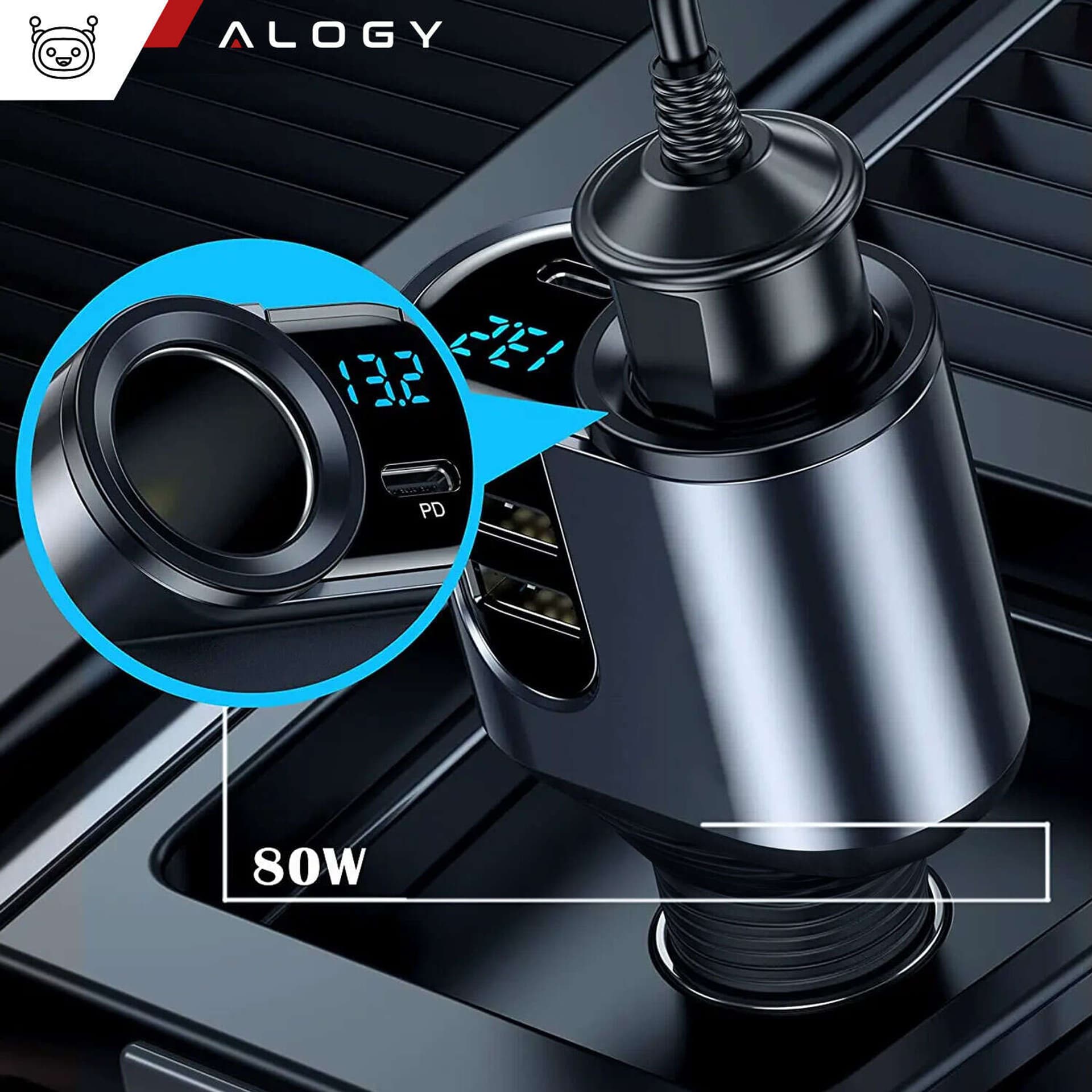 

Ładowarka samochodowa 2x USB +USB-C PD 127W szybka rozdzielacz gniazda zapalniczki woltomierz LED Alogy Car czarna