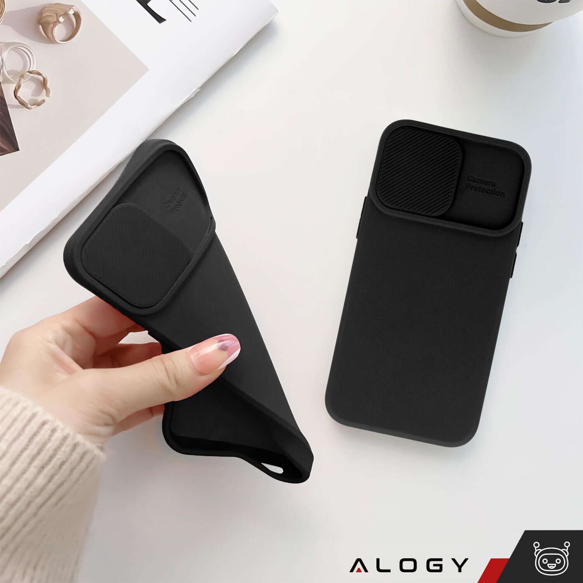 

Etui do iPhone 15 Slide Case z osłoną na obiektyw aparat obudowa matowe czarne Alogy Soft Matt