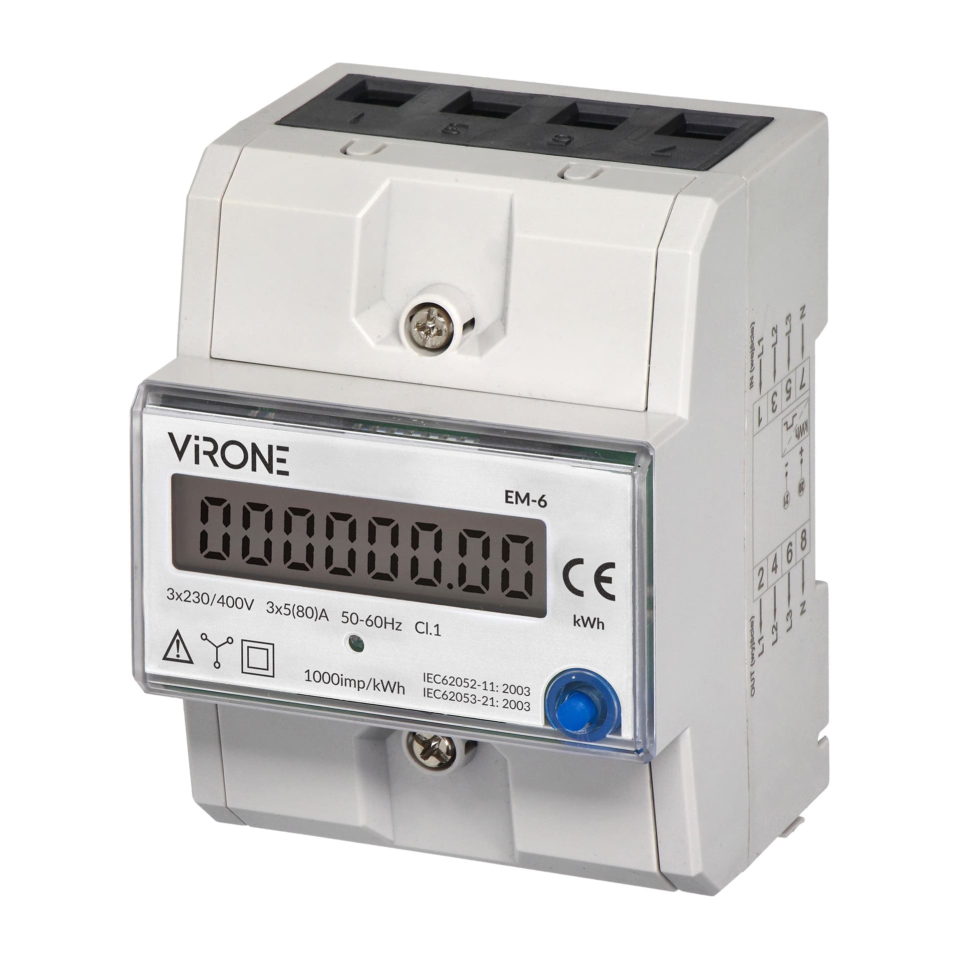 

3-fazowy wskaźnik zużycia energii elektrycznej, 80A, dodatkowy wskaźnik, wyjście impulsowe, przycisk RESET, 2 moduły, DIN TH-35mm