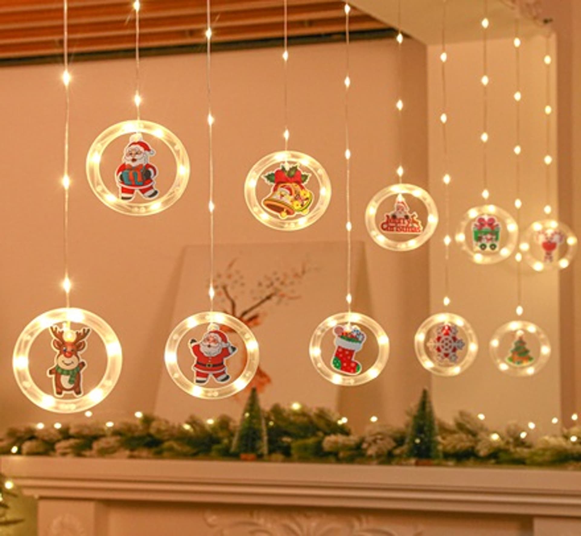 

Lampki LED kurtyna z obrazkami Boże Narodzenie w kółkach 3m 10 żarówek na baterie pilot