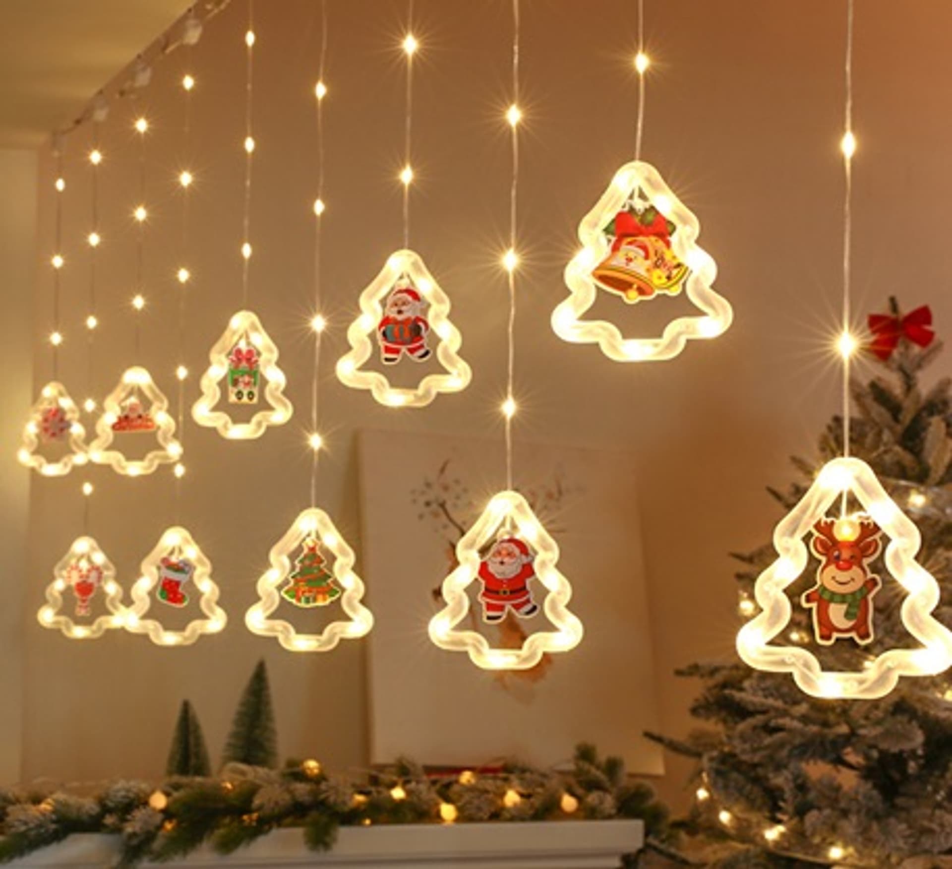 

Lampki LED kurtyna z obrazkami w choinkach 3m 10 żarówek USB