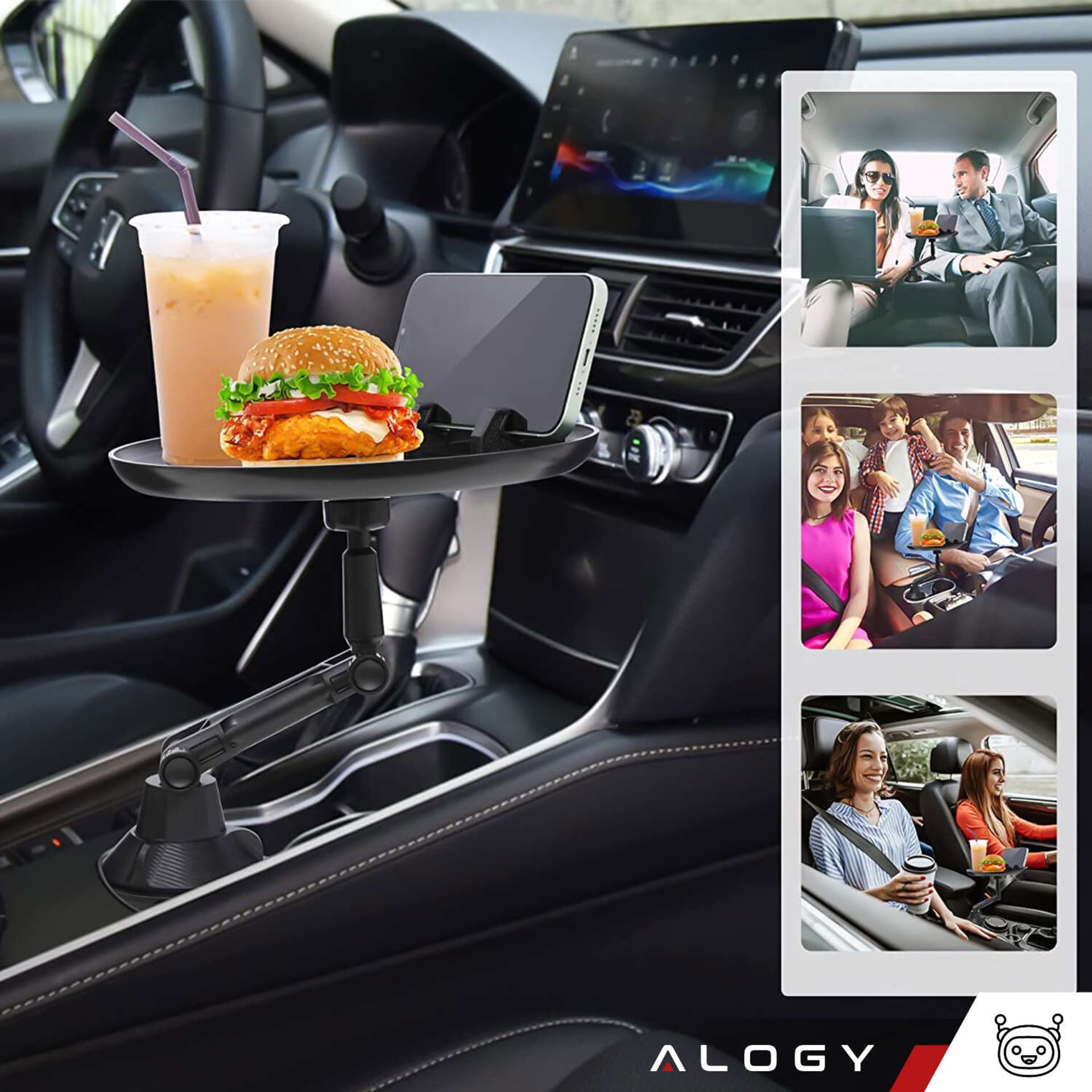 

Stolik samochodowy podróżny taca tacka uchwyt na telefon jedzenie do auta Alogy Cup Holder Czarny
