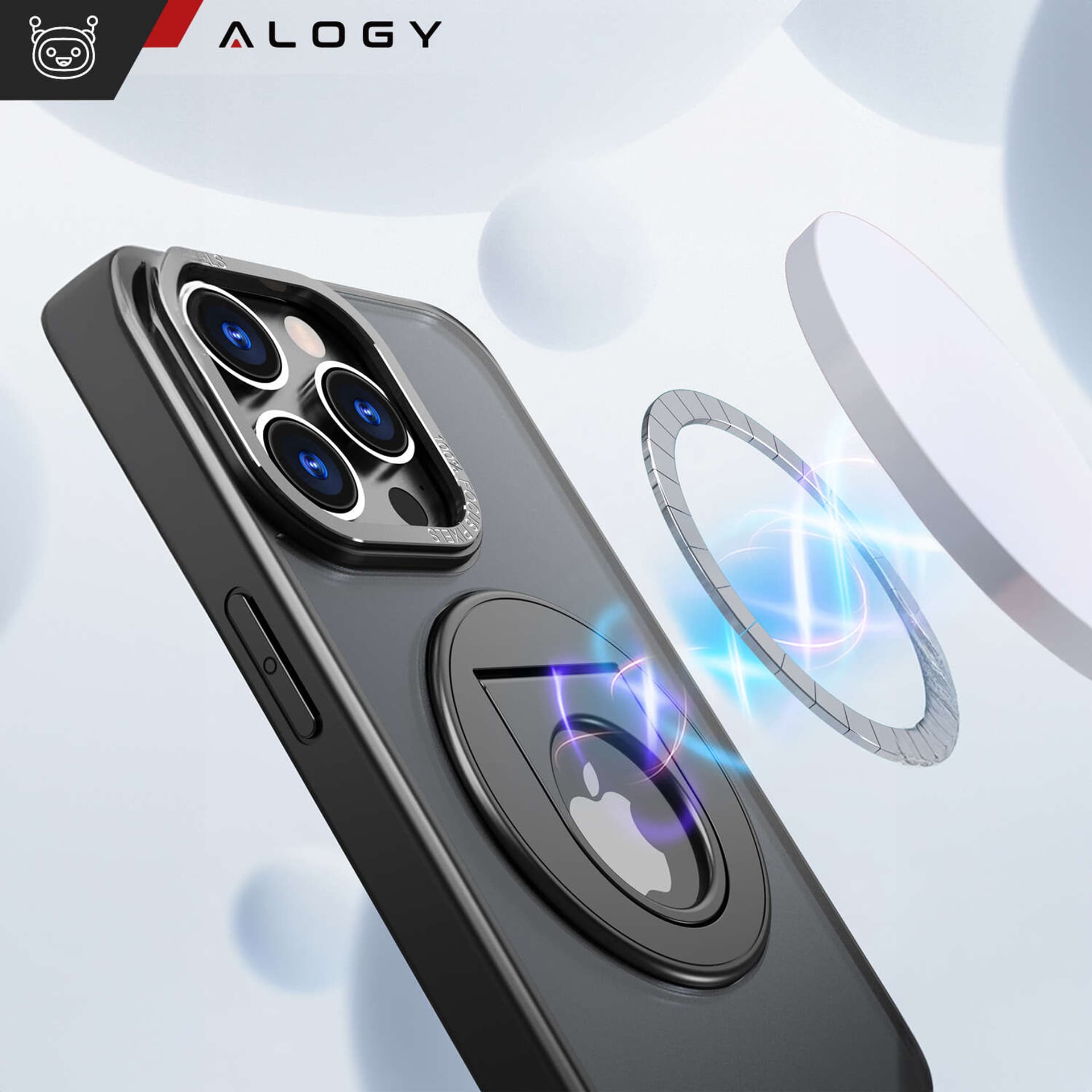 

Etui do iPhone 15 Pro obudowa 360 Ring Case pancerne czarne matowe magnes do uchwytu Alogy